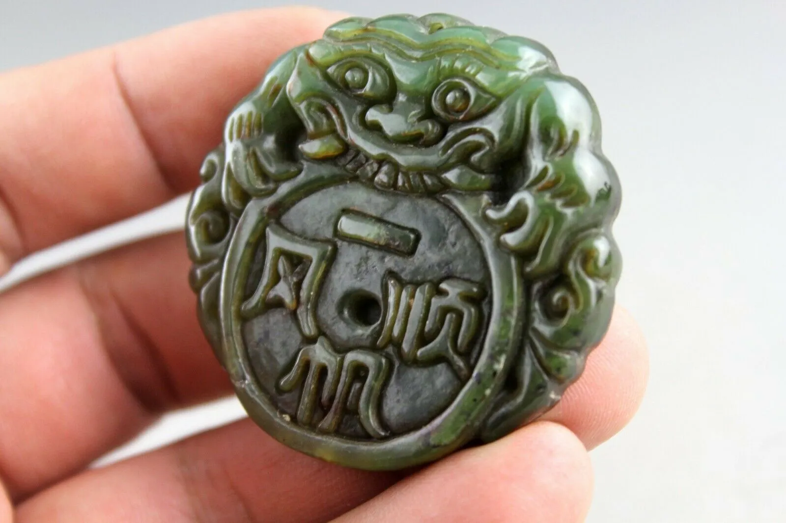 10% OFF- Certified Natural Green Jadeite Emerald Jade Handcarved Lucky Dragon-Pixiu Coin Pendant《Grade A》NO.C88