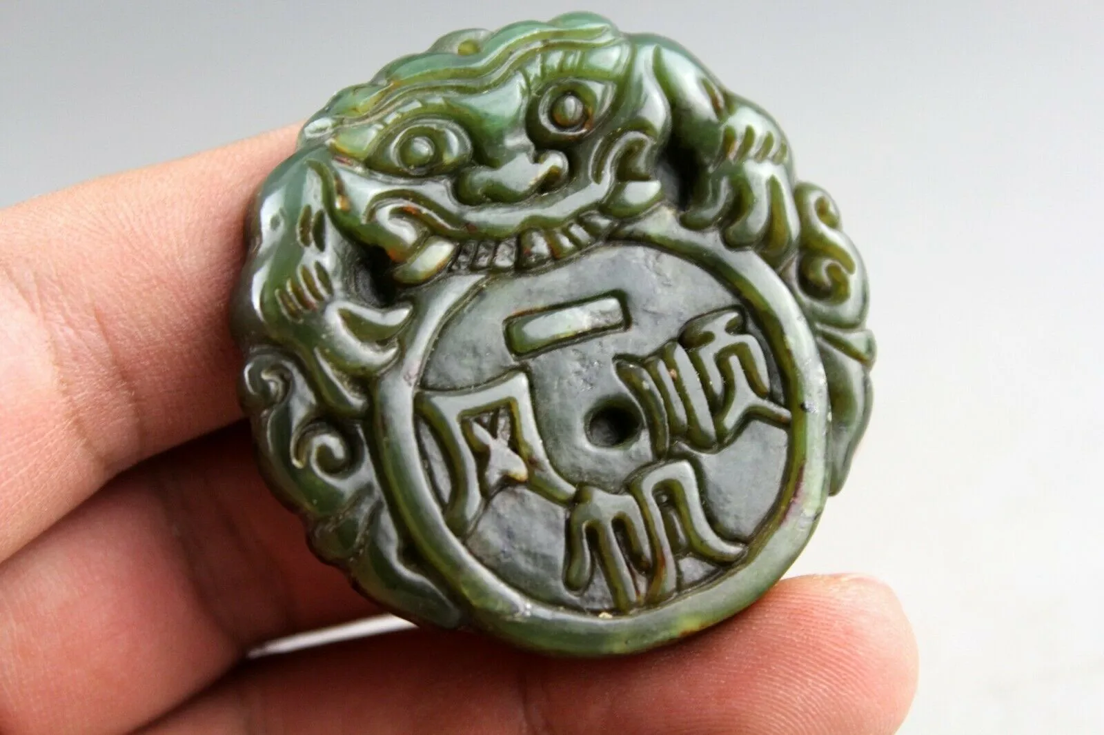 10% OFF- Certified Natural Green Jadeite Emerald Jade Handcarved Lucky Dragon-Pixiu Coin Pendant《Grade A》NO.C88