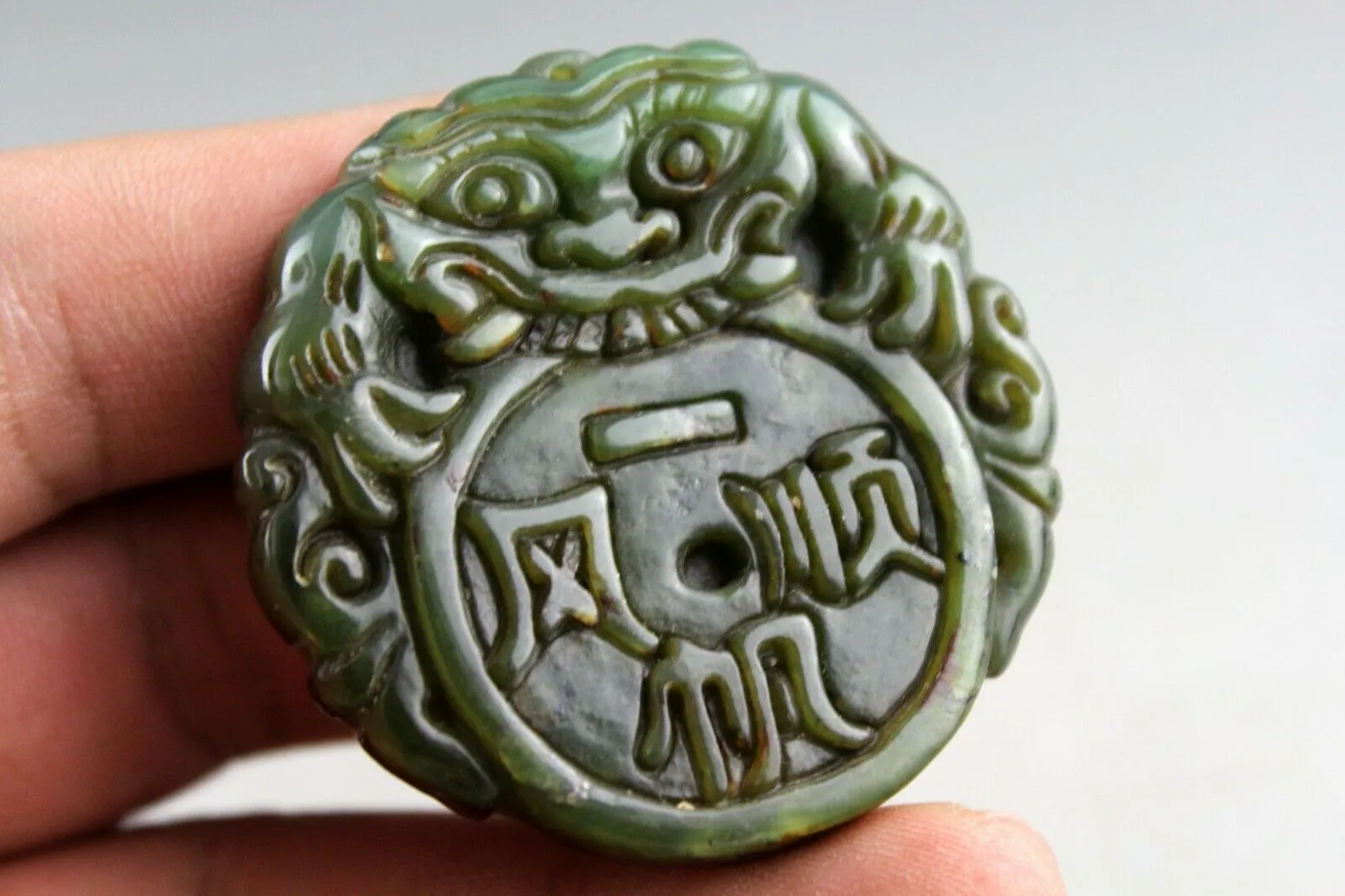10% OFF- Certified Natural Green Jadeite Emerald Jade Handcarved Lucky Dragon-Pixiu Coin Pendant《Grade A》NO.C88