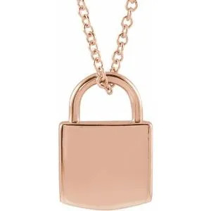 14K Rose 12.02x8 mm Engravable Lock 16-18" Necklace