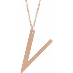 14K Rose Block Initial V 16-18" Necklace with Brush Finish