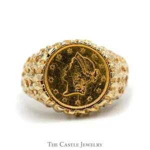 1850 One Dollar Gold Liberty Coin Ring in 10k Yellow Gold Nugget Designed Mounting