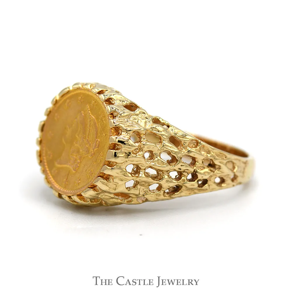 1850 One Dollar Gold Liberty Coin Ring in 10k Yellow Gold Nugget Designed Mounting