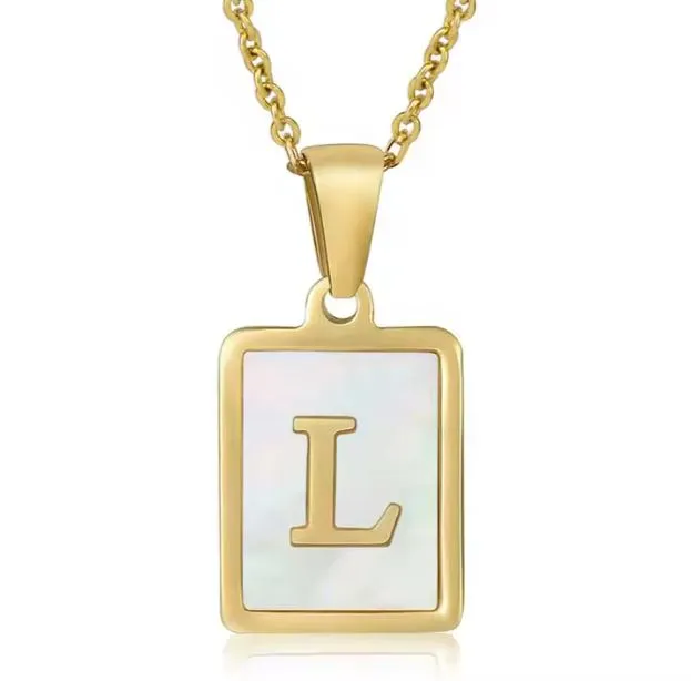 18K Gold Plated Inlaid Marble Enamel Design Stainless Steel A-Z Alphabet Rectangle Charm Necklaces