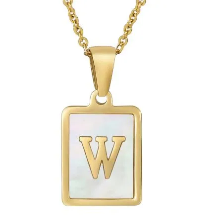 18K Gold Plated Inlaid Marble Enamel Design Stainless Steel A-Z Alphabet Rectangle Charm Necklaces