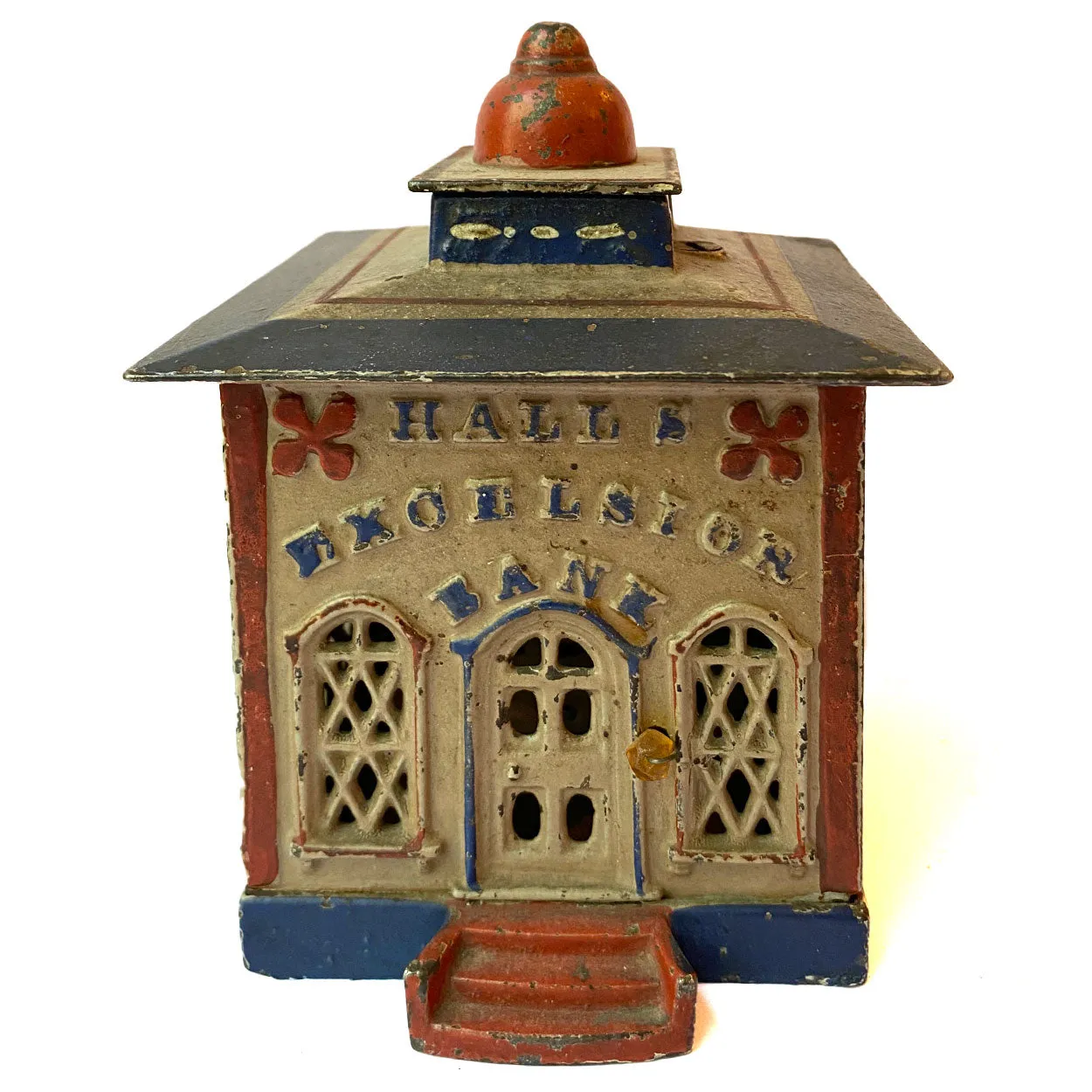 American J. & E. Stevens Painted Cast Iron Hall's Excelsior Bank Mechanical Bank