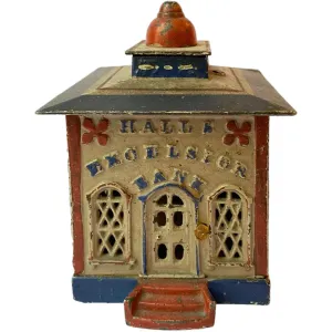 American J. & E. Stevens Painted Cast Iron Hall's Excelsior Bank Mechanical Bank