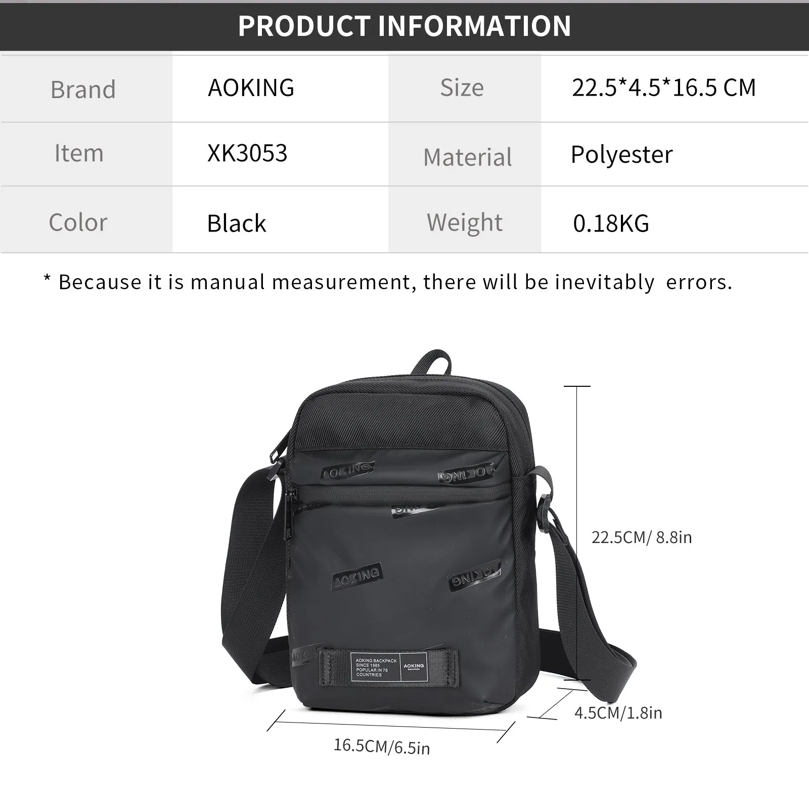 Aoking Black Fashion Men Waterproof Sling Bag XK3053