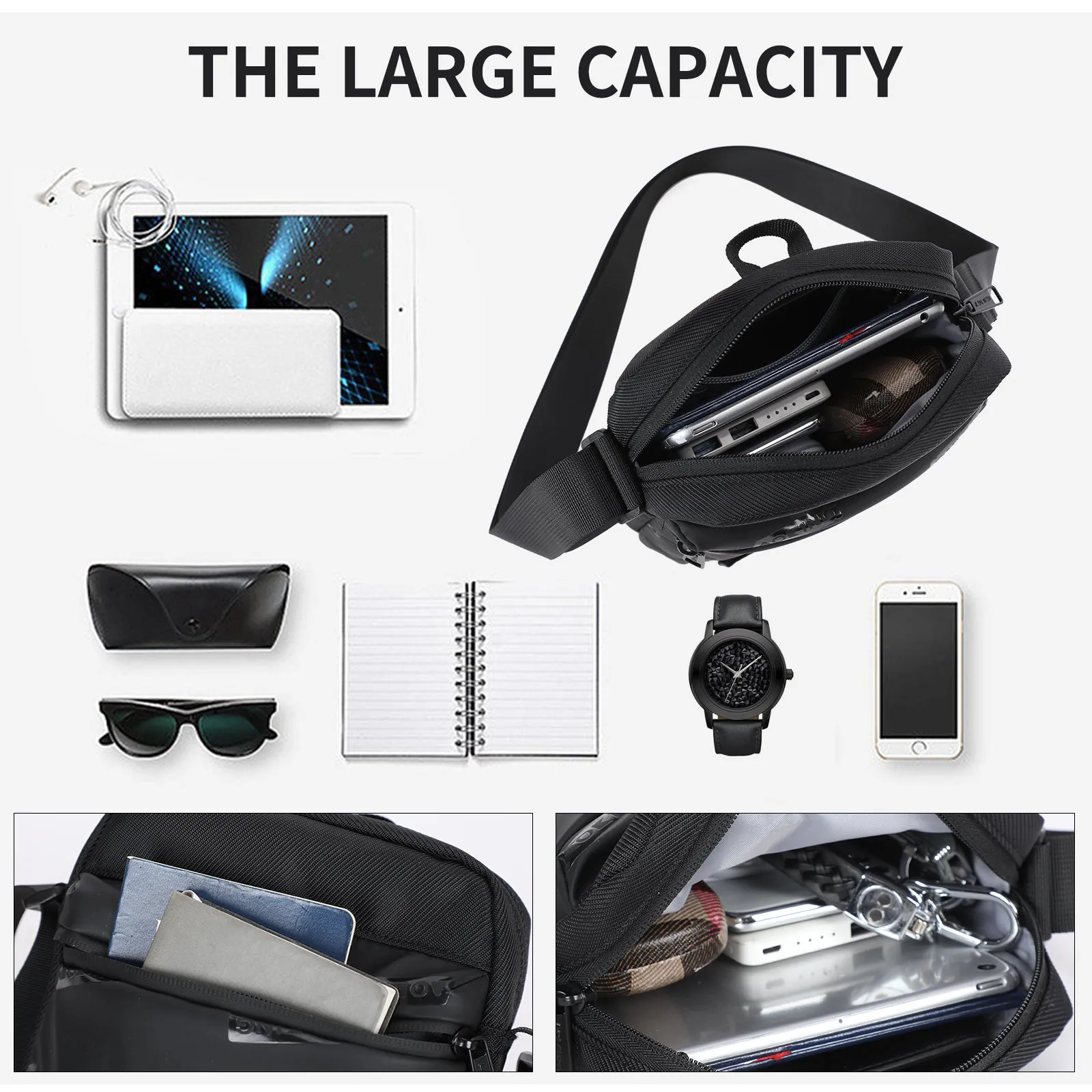 Aoking Black Fashion Men Waterproof Sling Bag XK3053