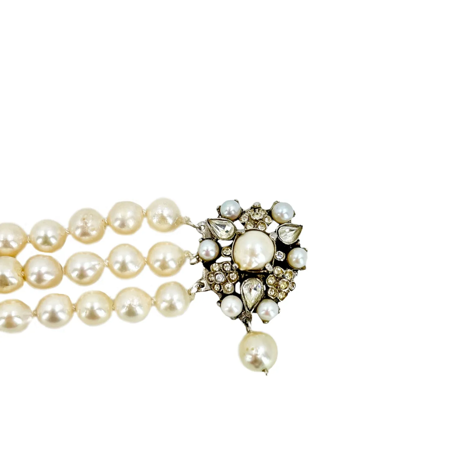 Austro Hungarian Paste Stone Triple Strand Baroque Japanese Saltwater Akoya Cultured Pearl Bracelet- Silver