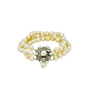Austro Hungarian Paste Stone Triple Strand Baroque Japanese Saltwater Akoya Cultured Pearl Bracelet- Silver