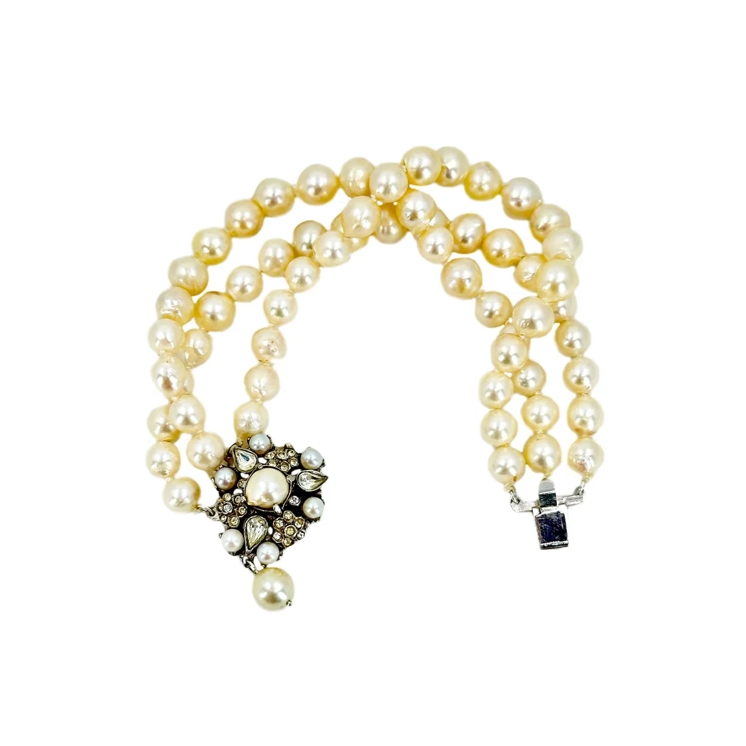 Austro Hungarian Paste Stone Triple Strand Baroque Japanese Saltwater Akoya Cultured Pearl Bracelet- Silver