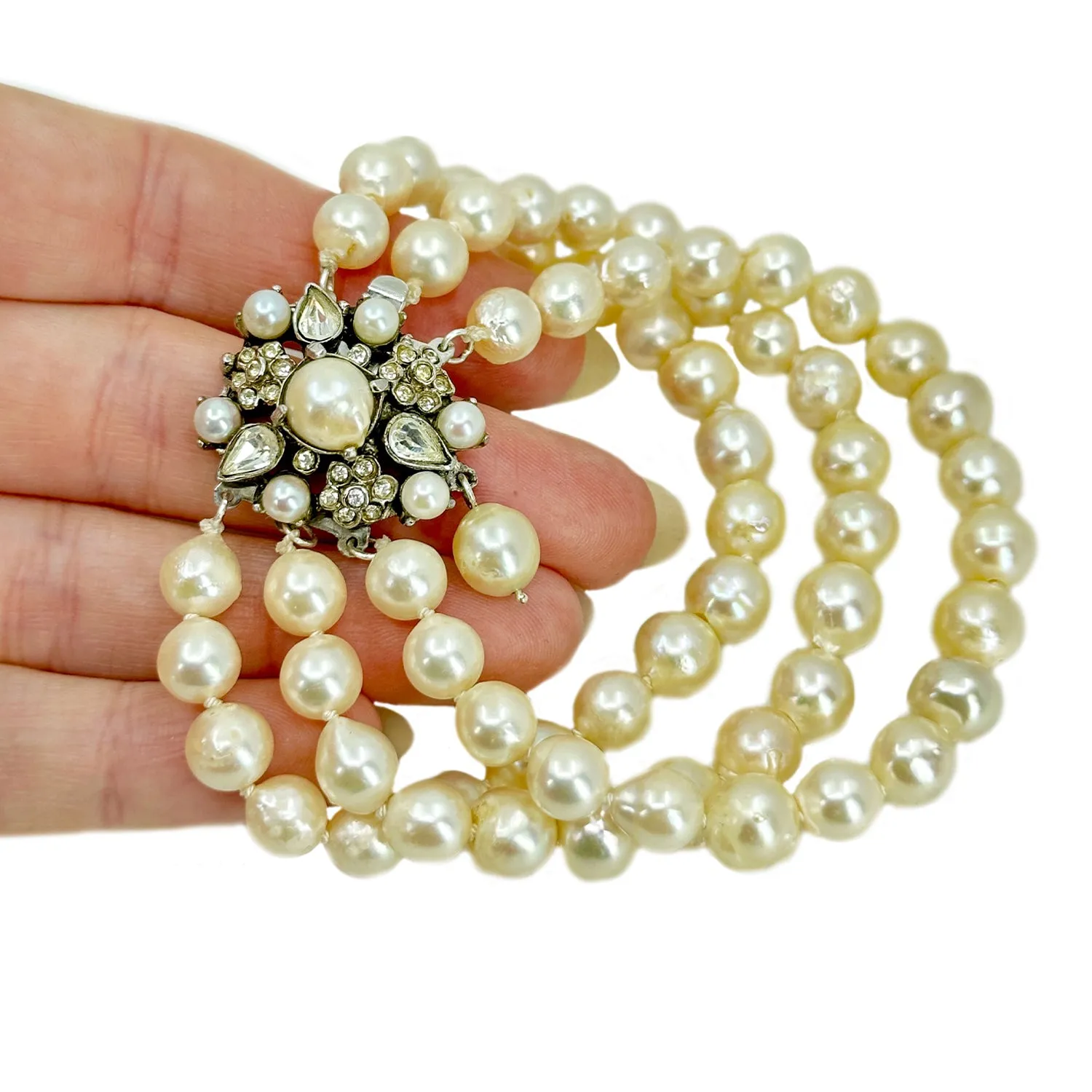 Austro Hungarian Paste Stone Triple Strand Baroque Japanese Saltwater Akoya Cultured Pearl Bracelet- Silver