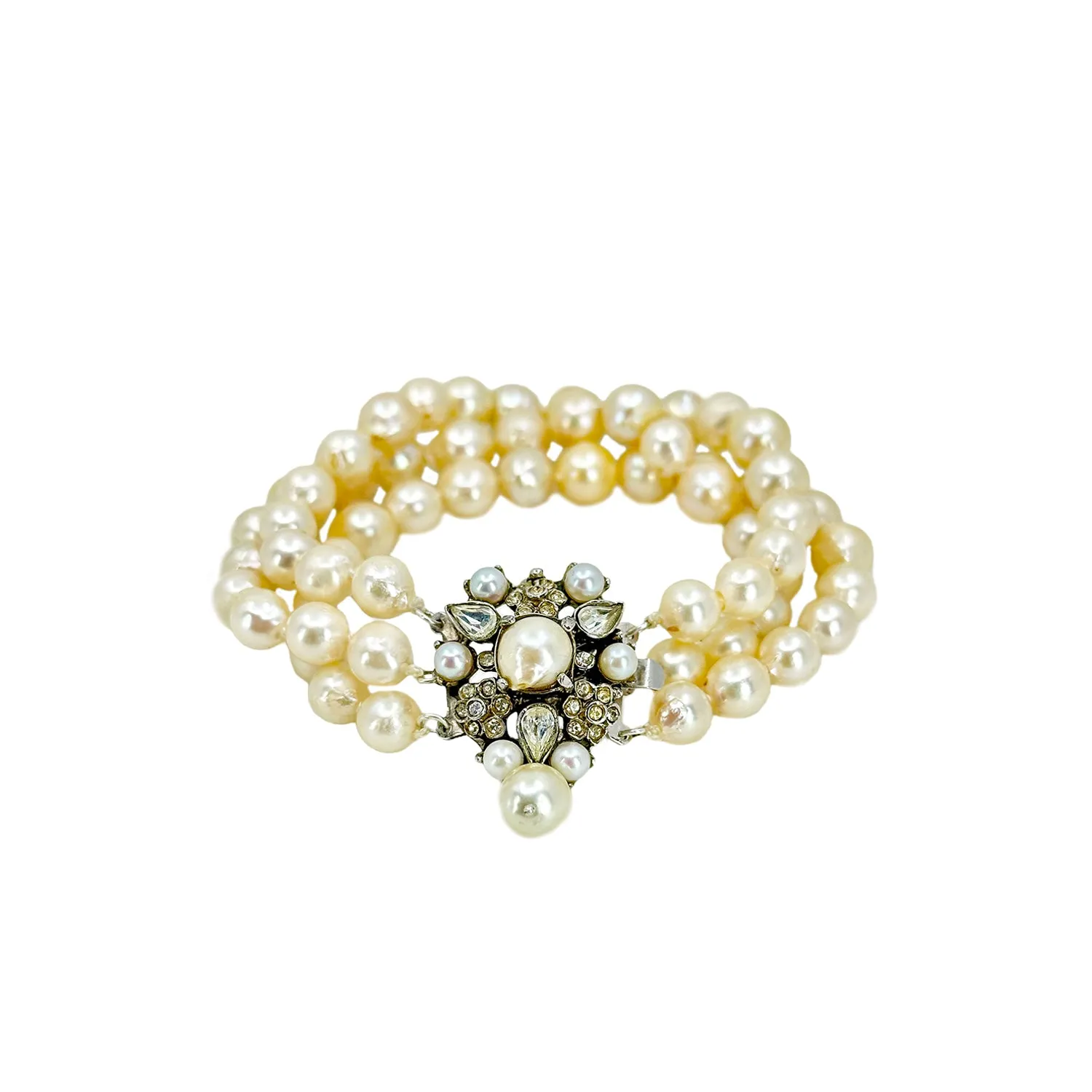 Austro Hungarian Paste Stone Triple Strand Baroque Japanese Saltwater Akoya Cultured Pearl Bracelet- Silver