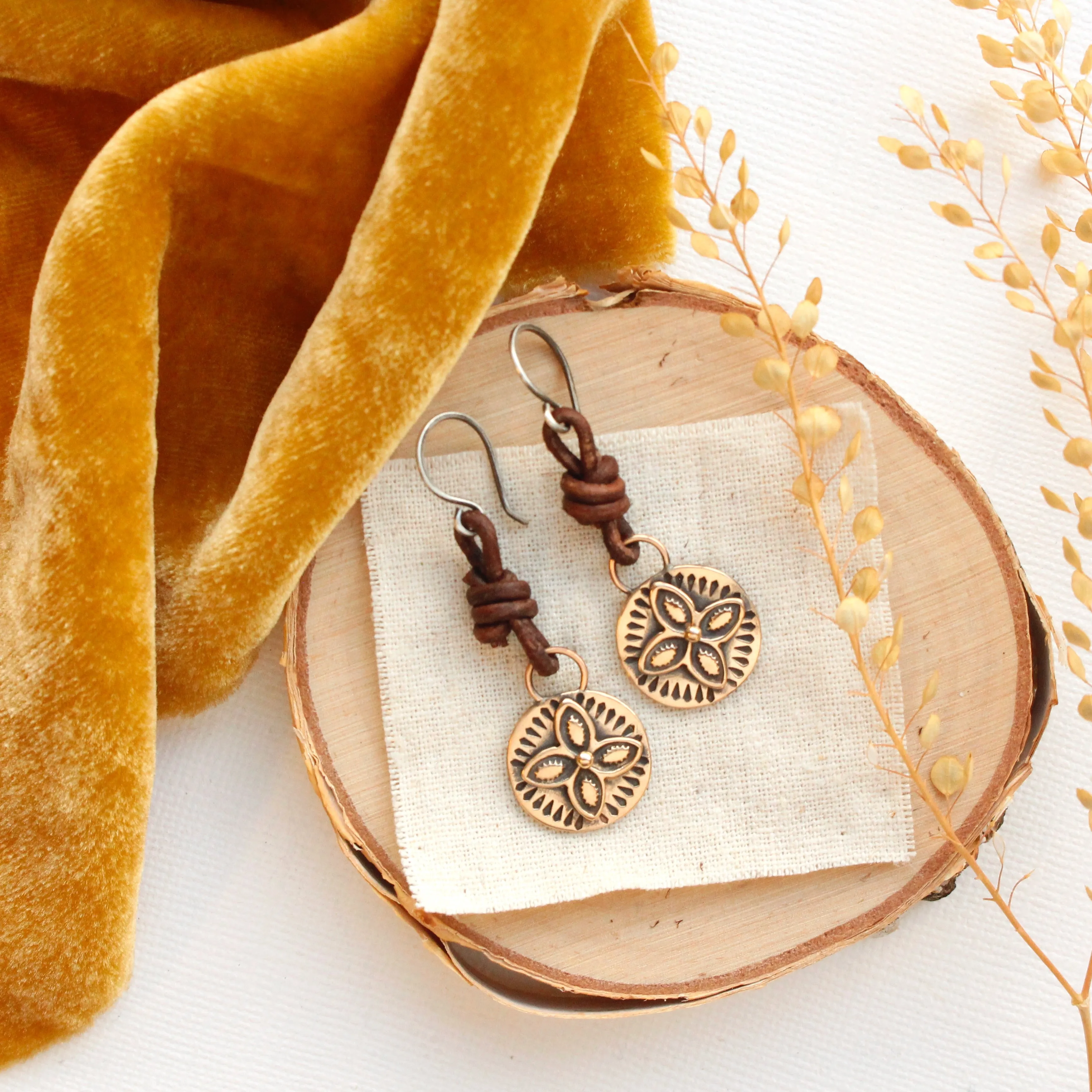 Bronze Wanderer Coin Leather Earrings