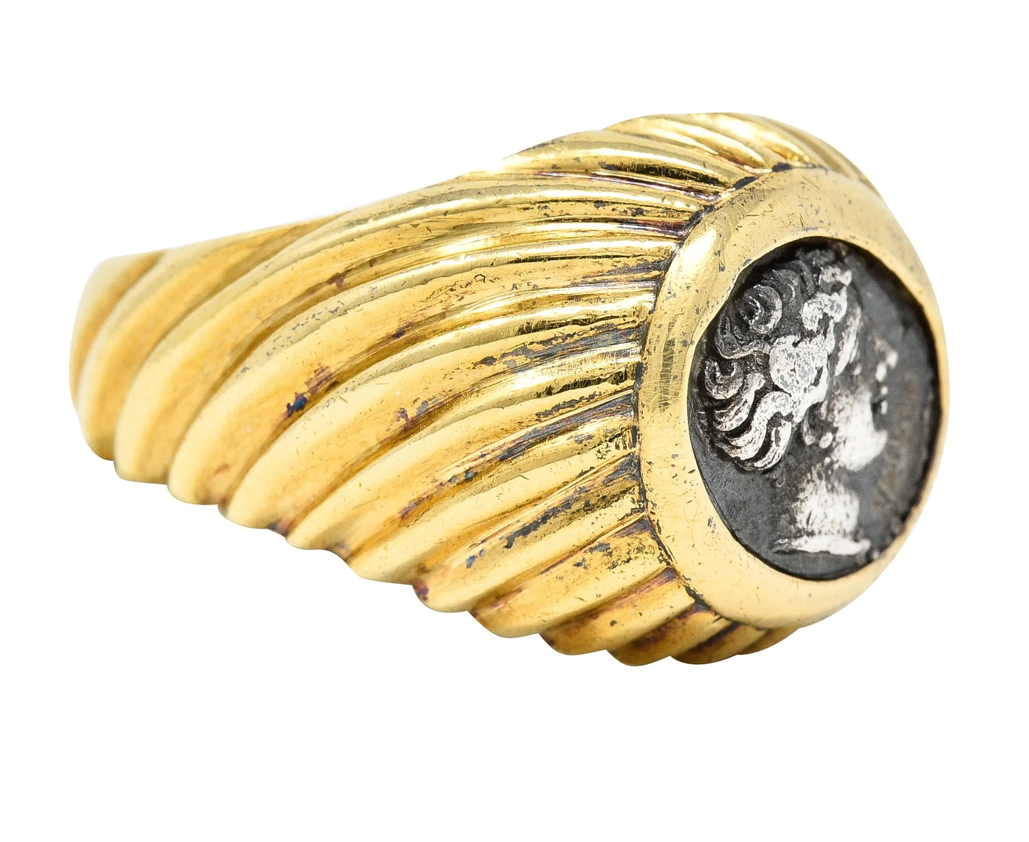 Bulgari 1980's Ancient Coin 18 Karat Yellow Gold Greek Bust Cameo Vintage Signet Ring
