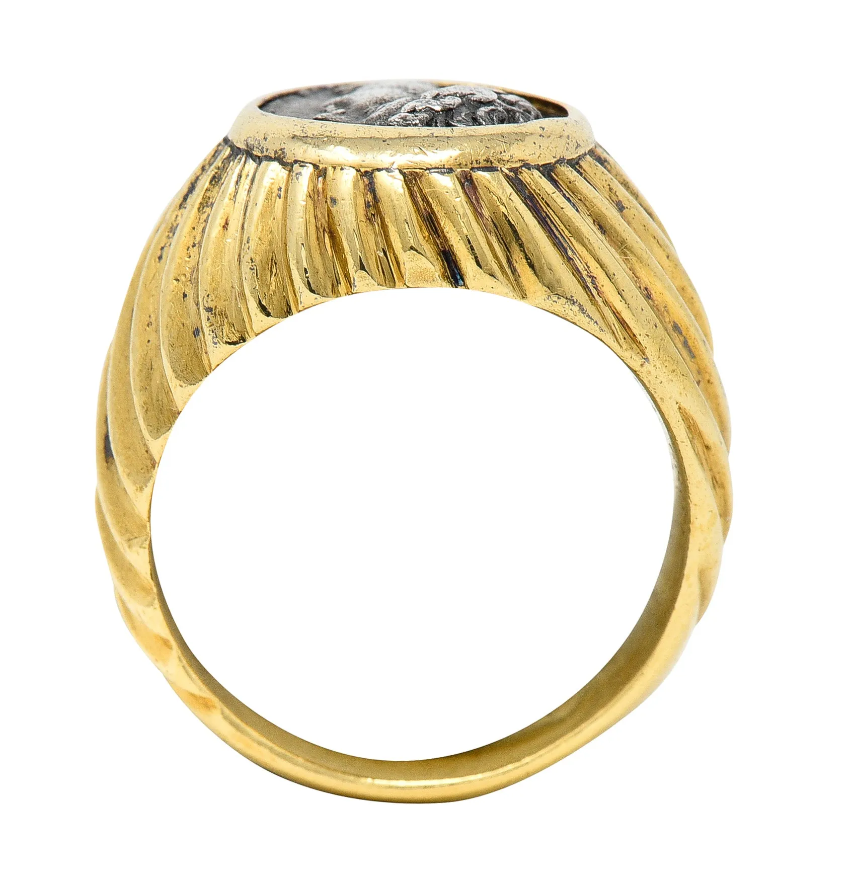 Bulgari 1980's Ancient Coin 18 Karat Yellow Gold Greek Bust Cameo Vintage Signet Ring
