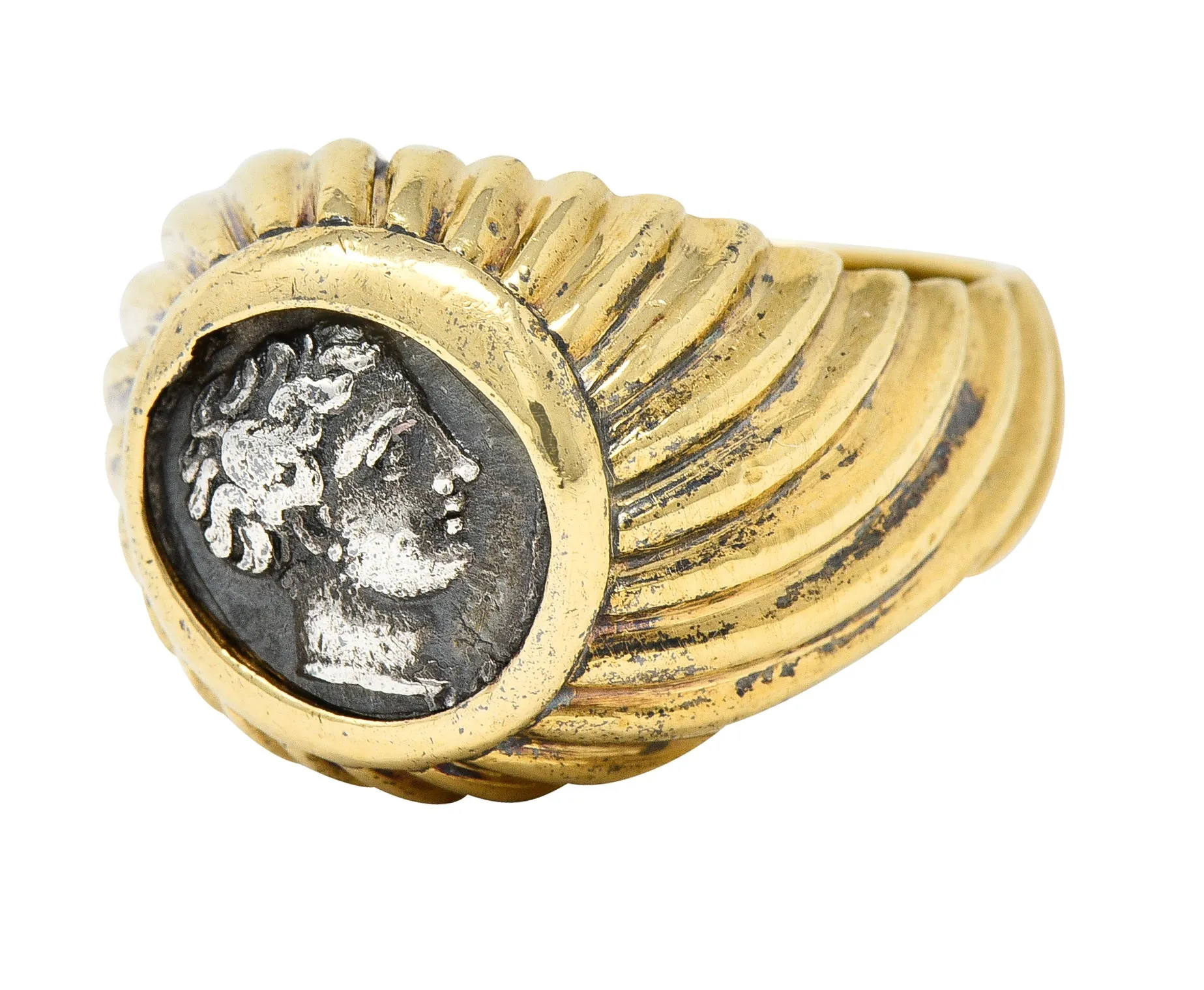 Bulgari 1980's Ancient Coin 18 Karat Yellow Gold Greek Bust Cameo Vintage Signet Ring