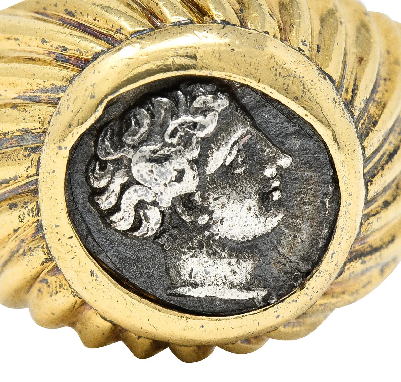 Bulgari 1980's Ancient Coin 18 Karat Yellow Gold Greek Bust Cameo Vintage Signet Ring