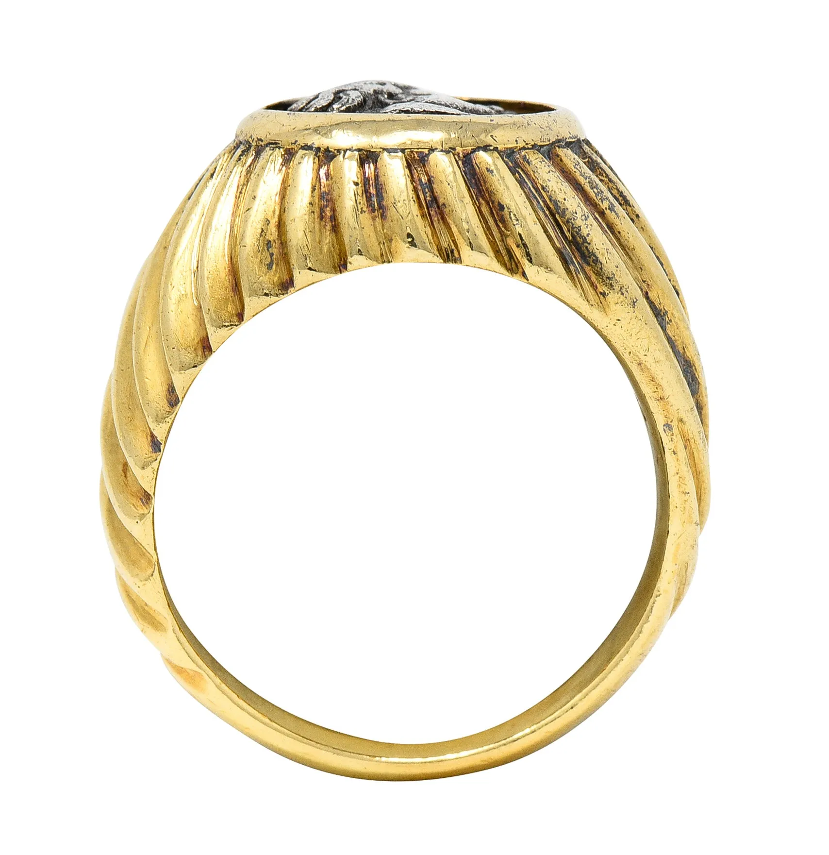 Bulgari 1980's Ancient Coin 18 Karat Yellow Gold Greek Bust Cameo Vintage Signet Ring