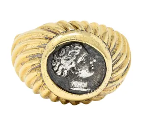 Bulgari 1980's Ancient Coin 18 Karat Yellow Gold Greek Bust Cameo Vintage Signet Ring
