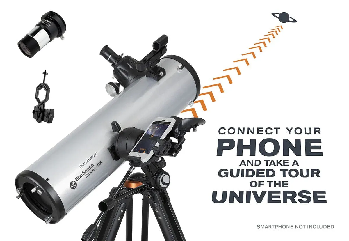 BUNDLE: Celestron StarSense Explorer DX 130AZ Smartphone App-Enabled Newtonian Reflector Telescope 22461 with Smartphone Holder and 2x Barlow Lens (Save $21!)