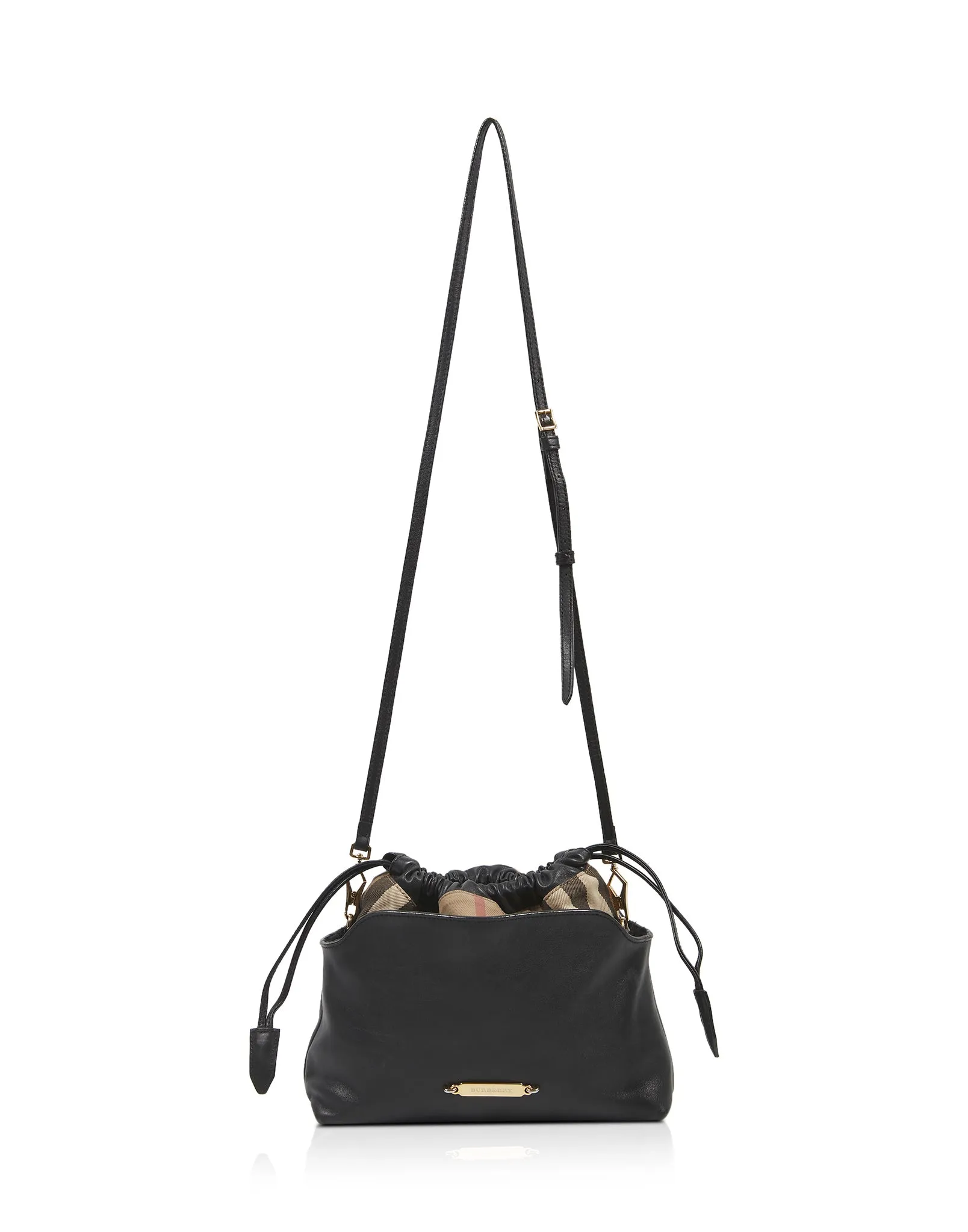 Burberry Black Leather and Check Little Crush Drawstring Shoulder Bag