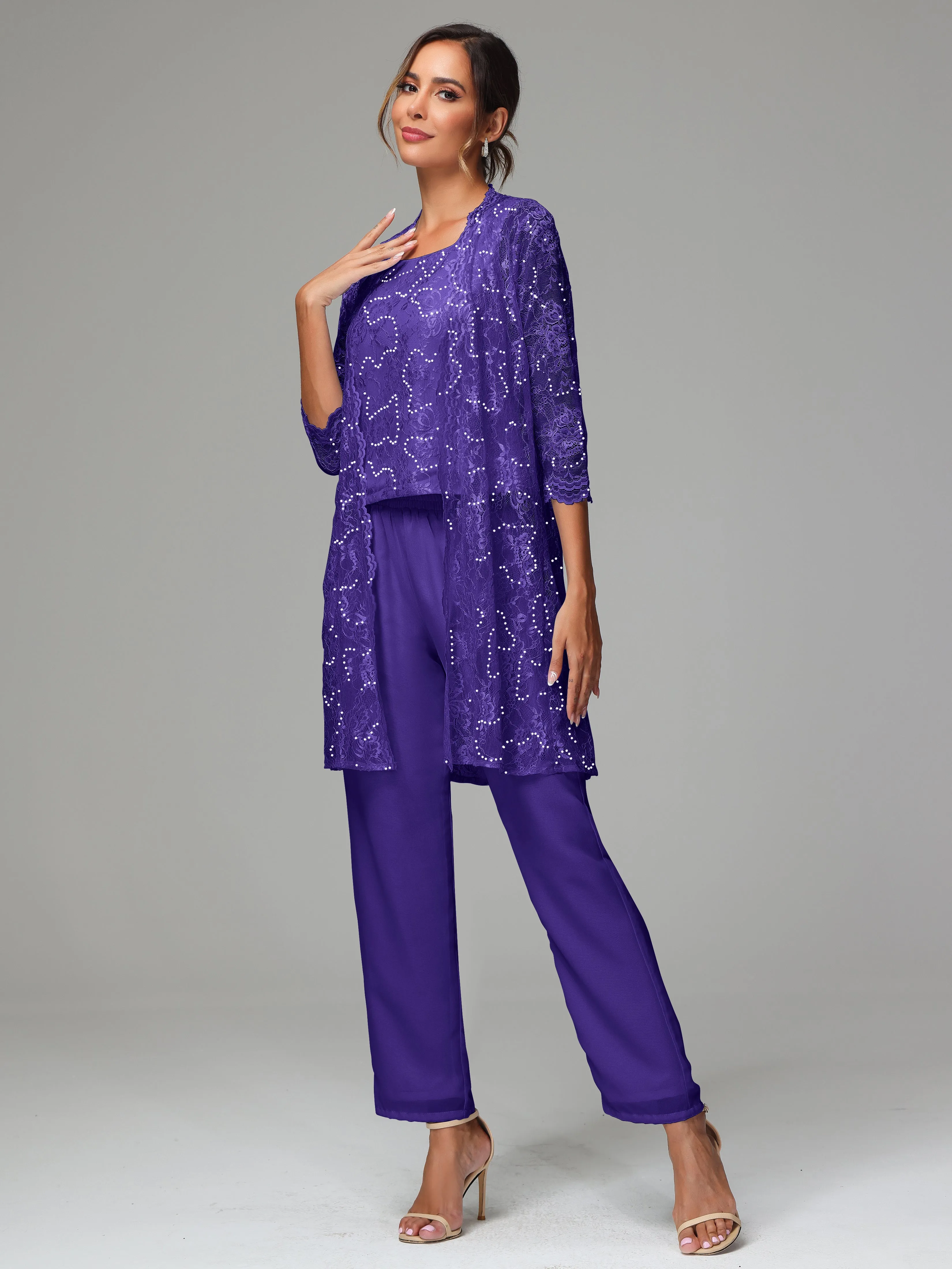 Chic Chiffon Lace 3 Pieces Long Sleeves Mother Of The Bride Dress Pants Suits