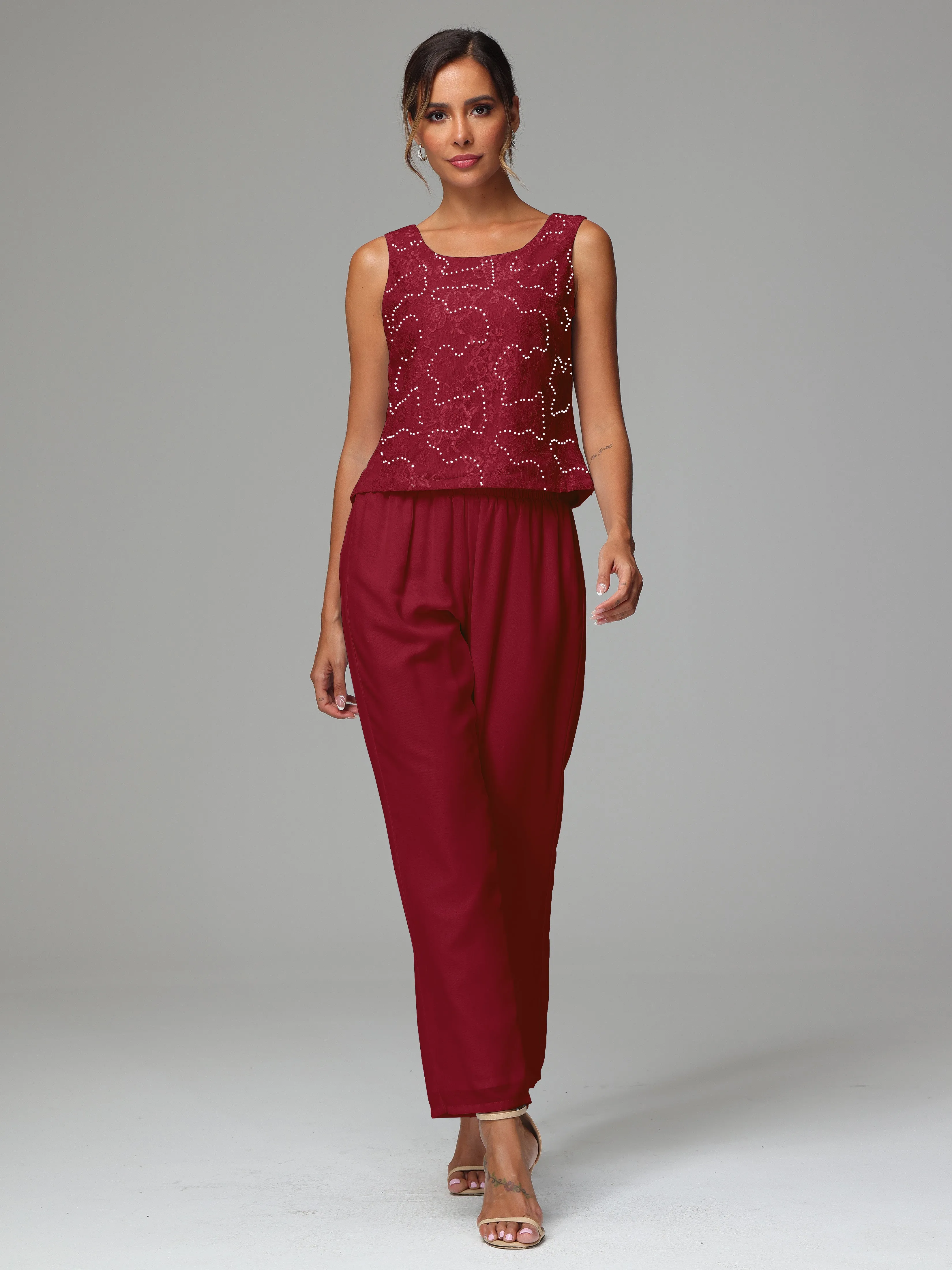 Chic Chiffon Lace 3 Pieces Long Sleeves Mother Of The Bride Dress Pants Suits