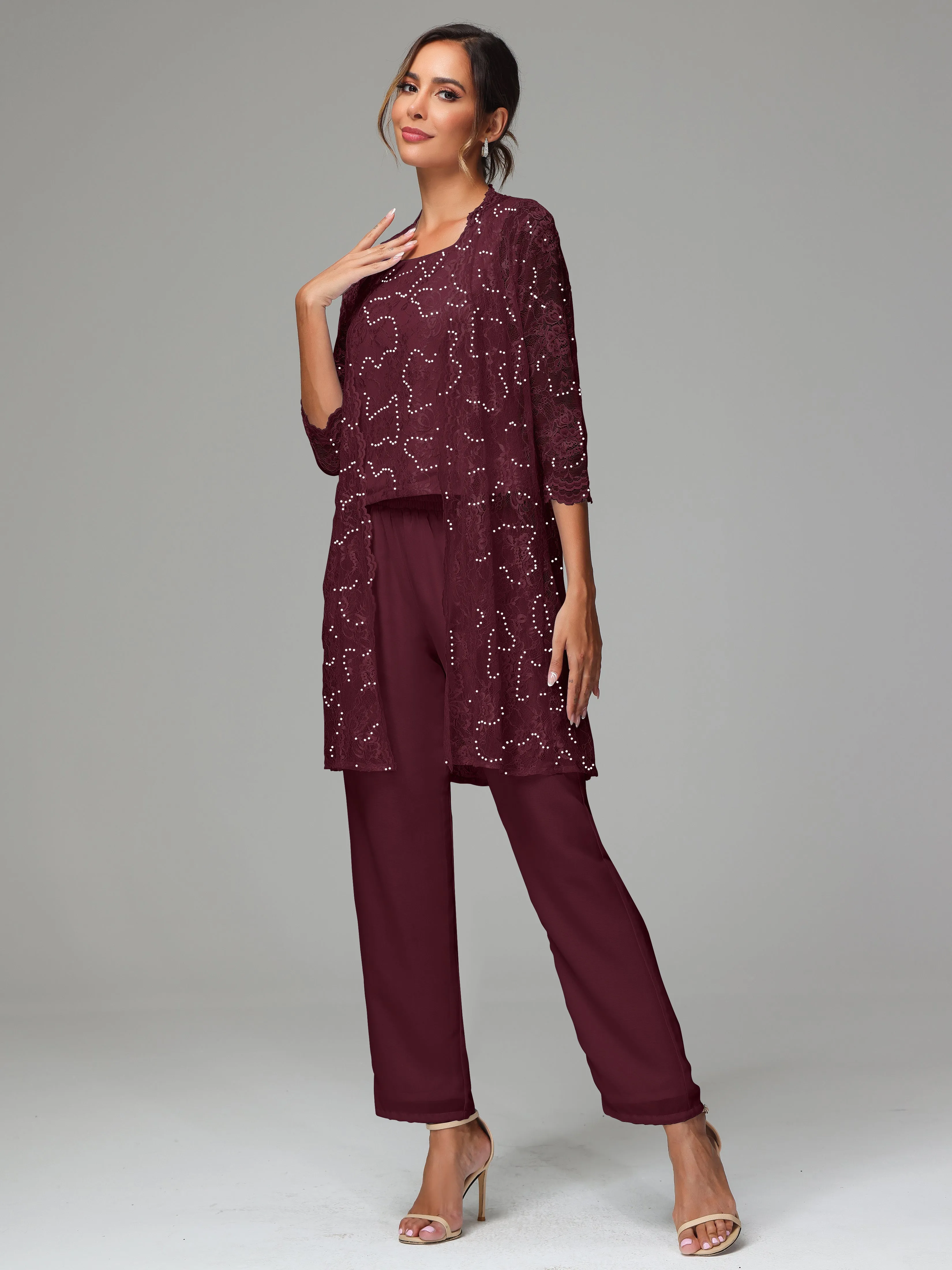 Chic Chiffon Lace 3 Pieces Long Sleeves Mother Of The Bride Dress Pants Suits