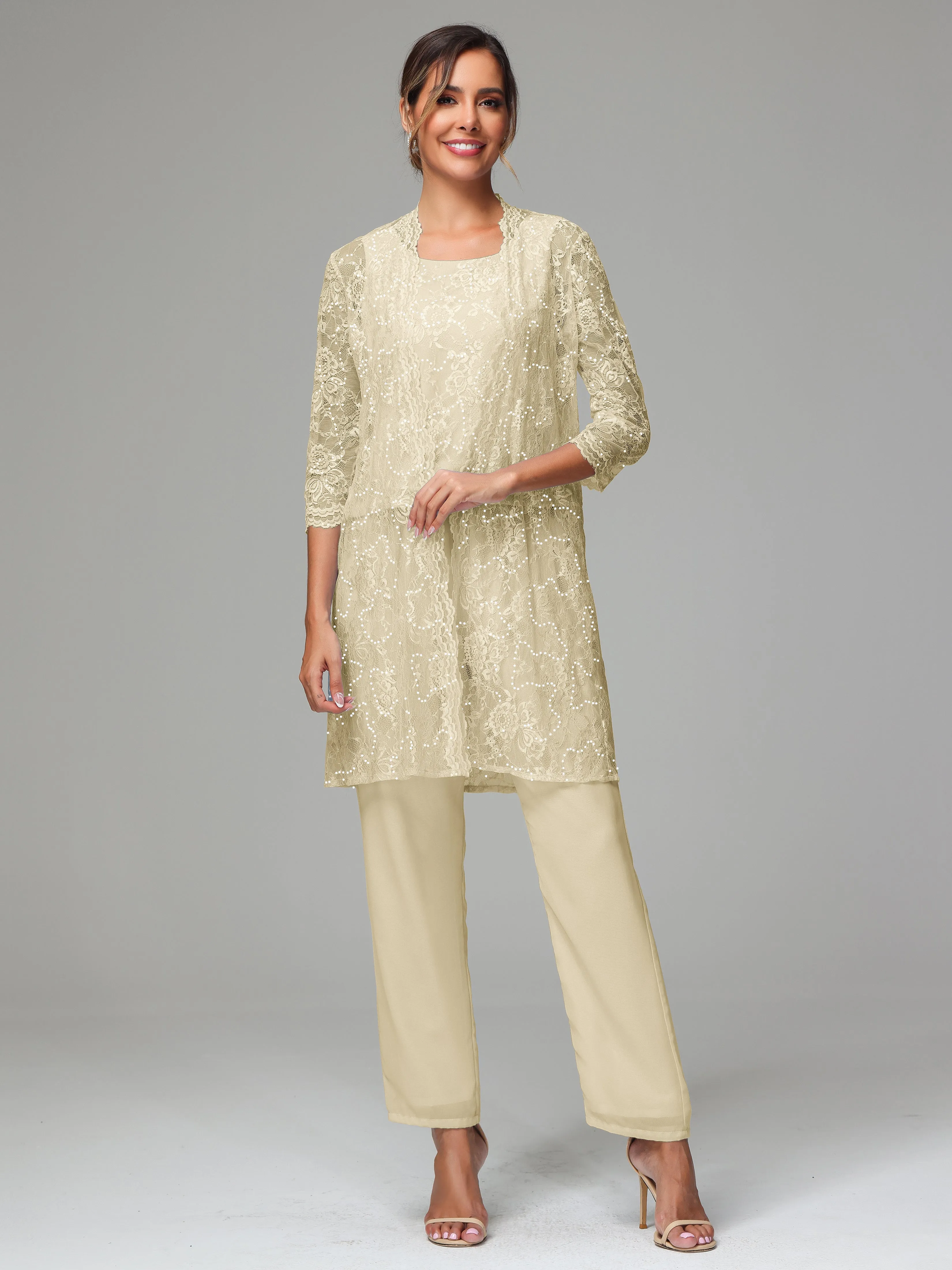 Chic Chiffon Lace 3 Pieces Long Sleeves Mother Of The Bride Dress Pants Suits