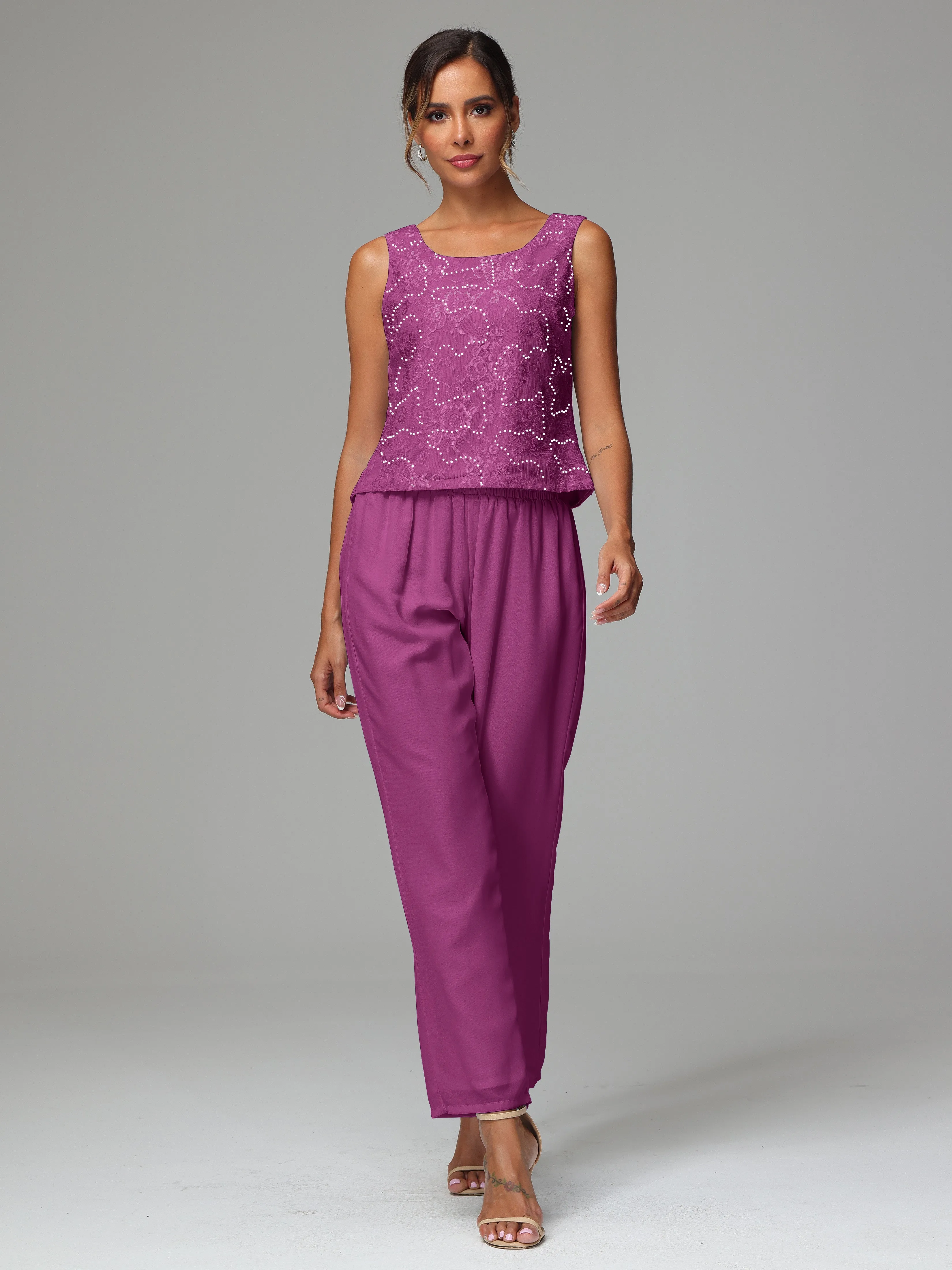 Chic Chiffon Lace 3 Pieces Long Sleeves Mother Of The Bride Dress Pants Suits