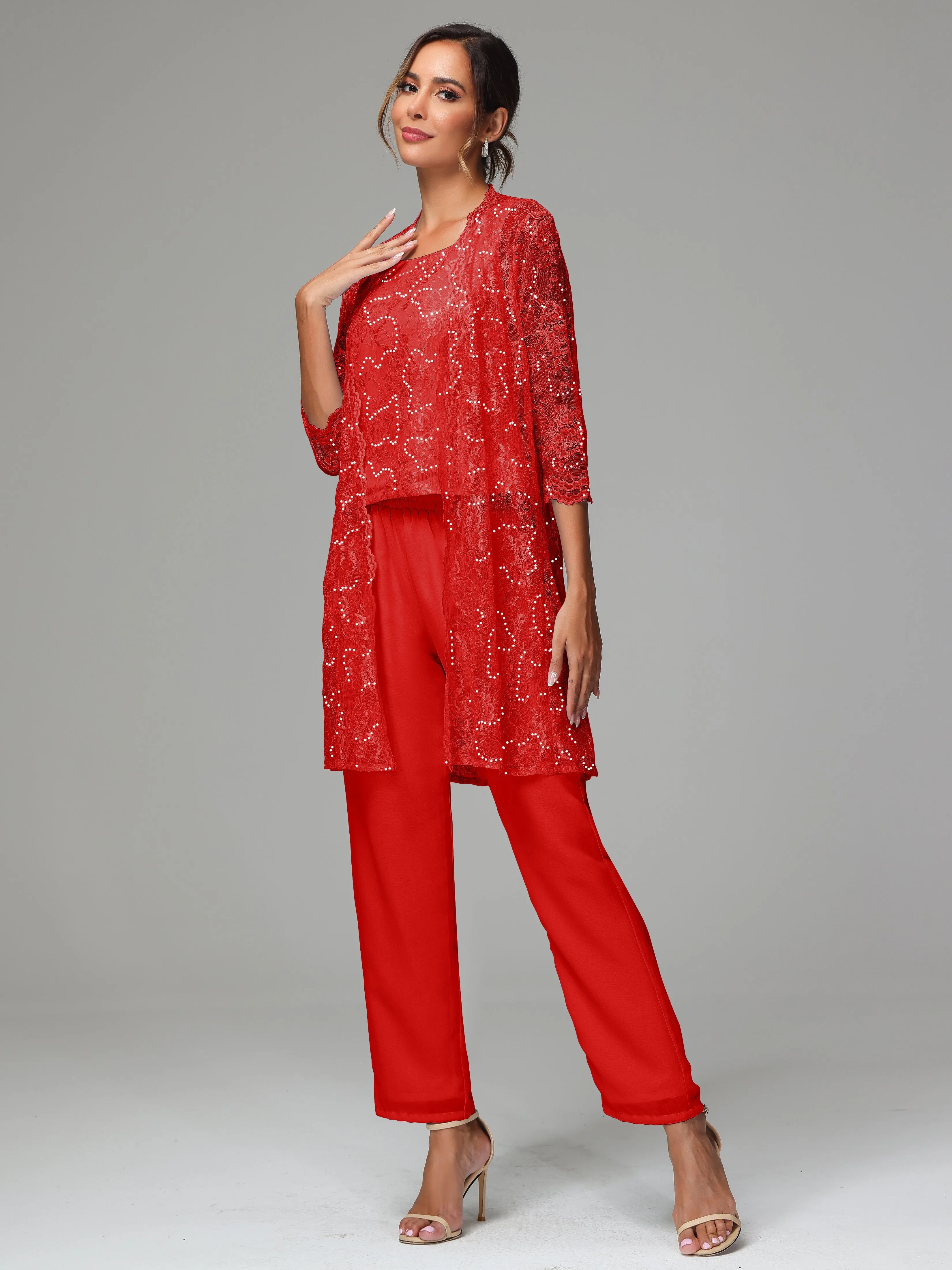 Chic Chiffon Lace 3 Pieces Long Sleeves Mother Of The Bride Dress Pants Suits