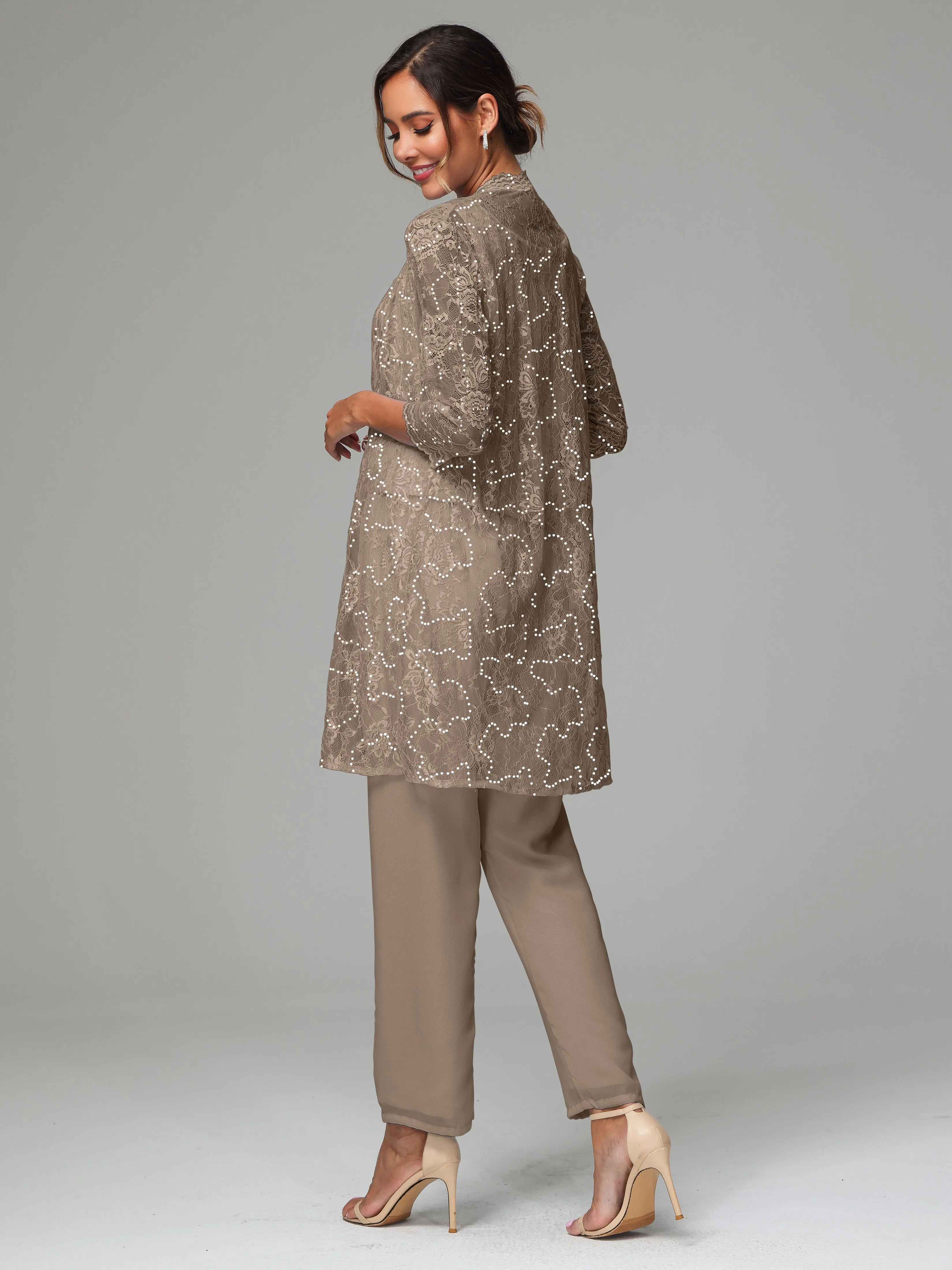 Chic Chiffon Lace 3 Pieces Long Sleeves Mother Of The Bride Dress Pants Suits