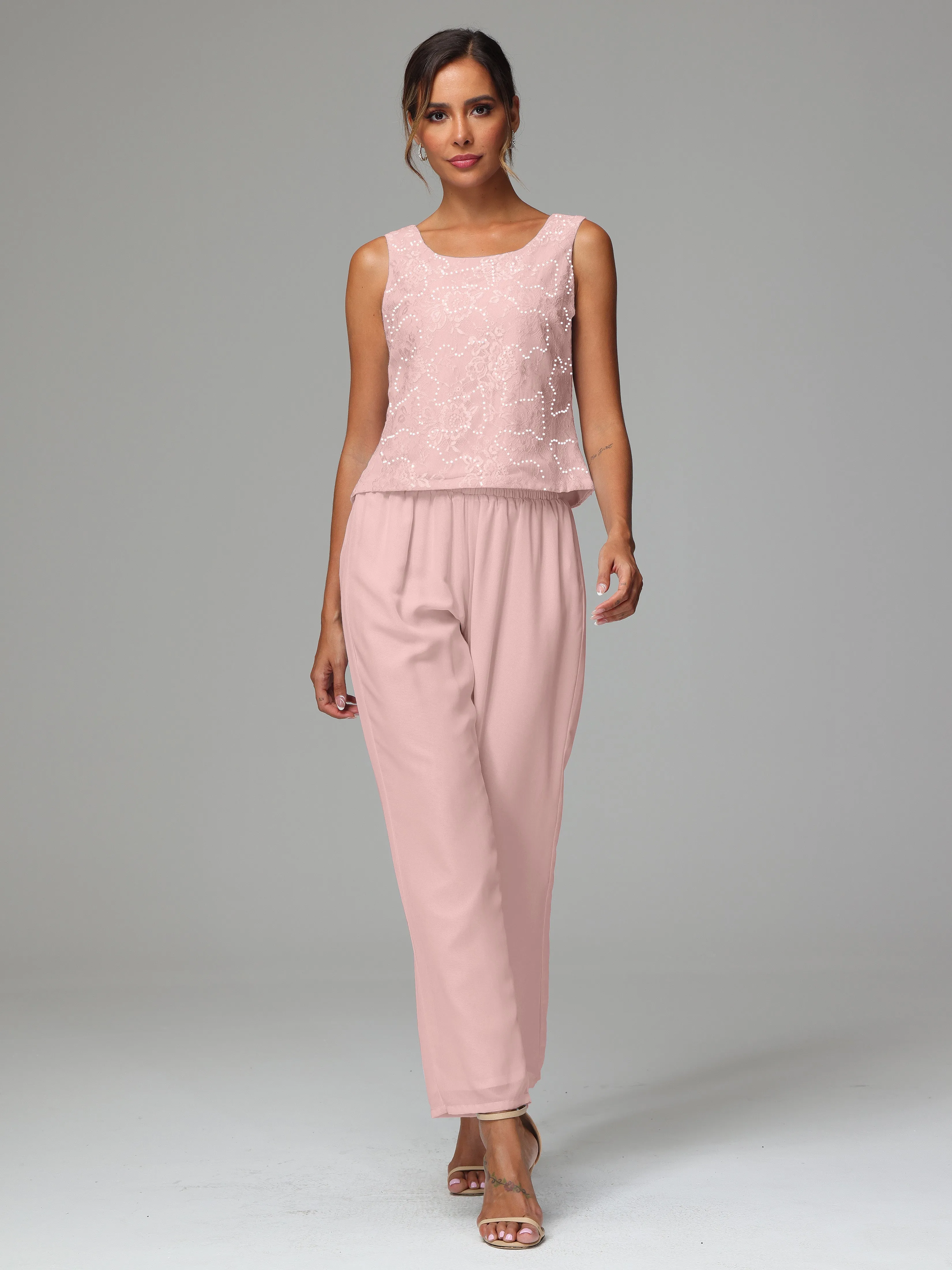 Chic Chiffon Lace 3 Pieces Long Sleeves Mother Of The Bride Dress Pants Suits