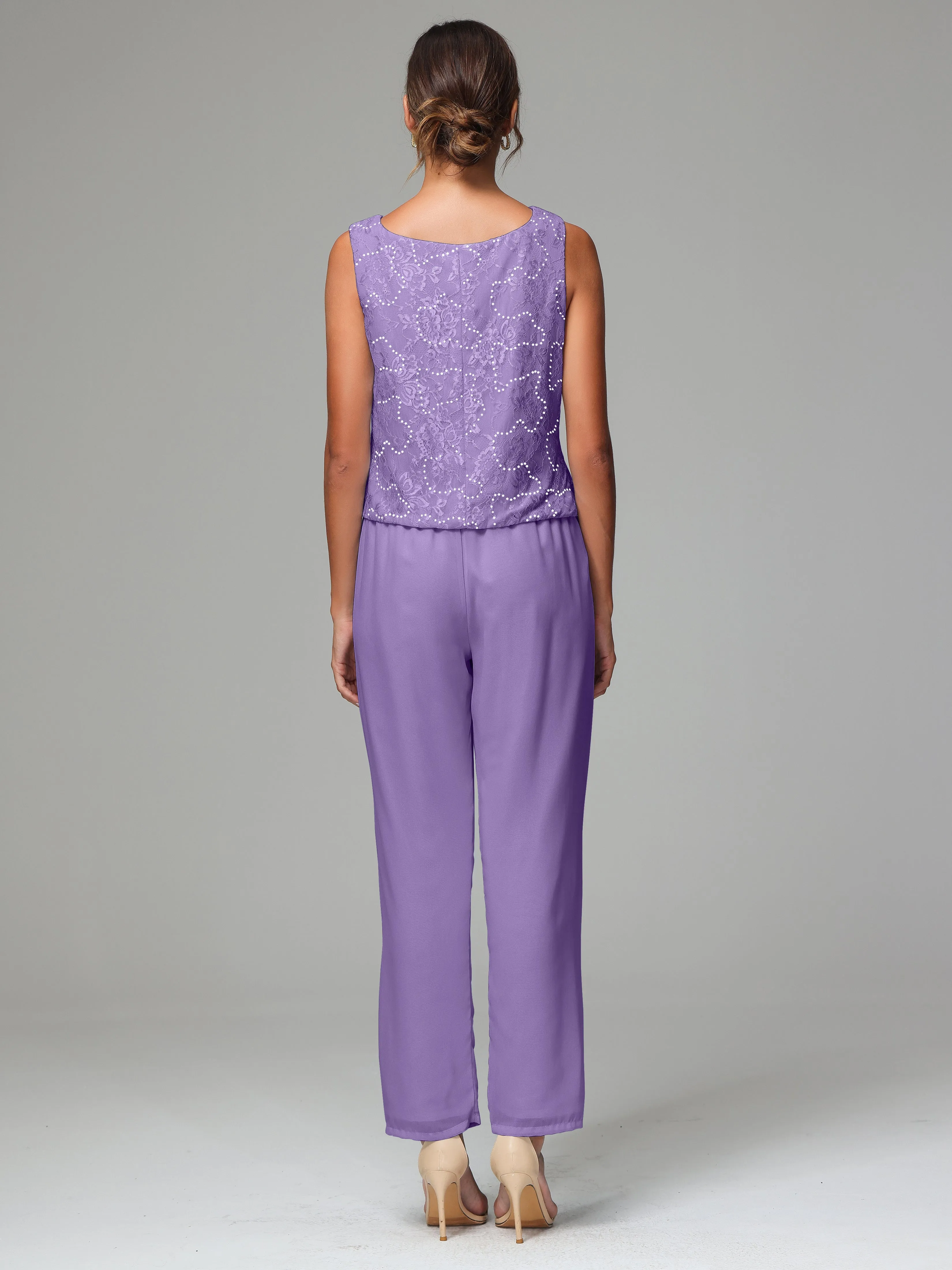 Chic Chiffon Lace 3 Pieces Long Sleeves Mother Of The Bride Dress Pants Suits