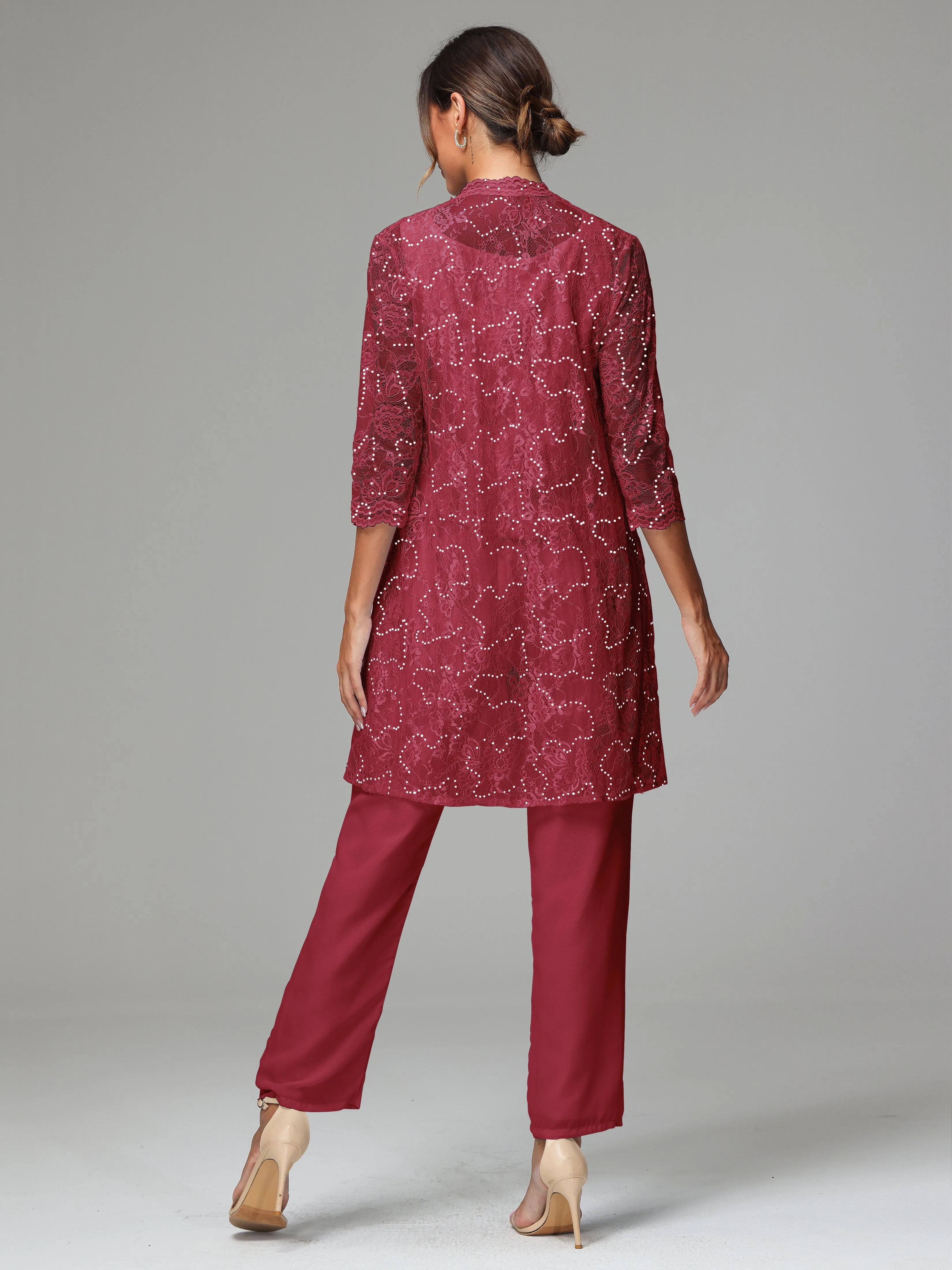 Chic Chiffon Lace 3 Pieces Long Sleeves Mother Of The Bride Dress Pants Suits