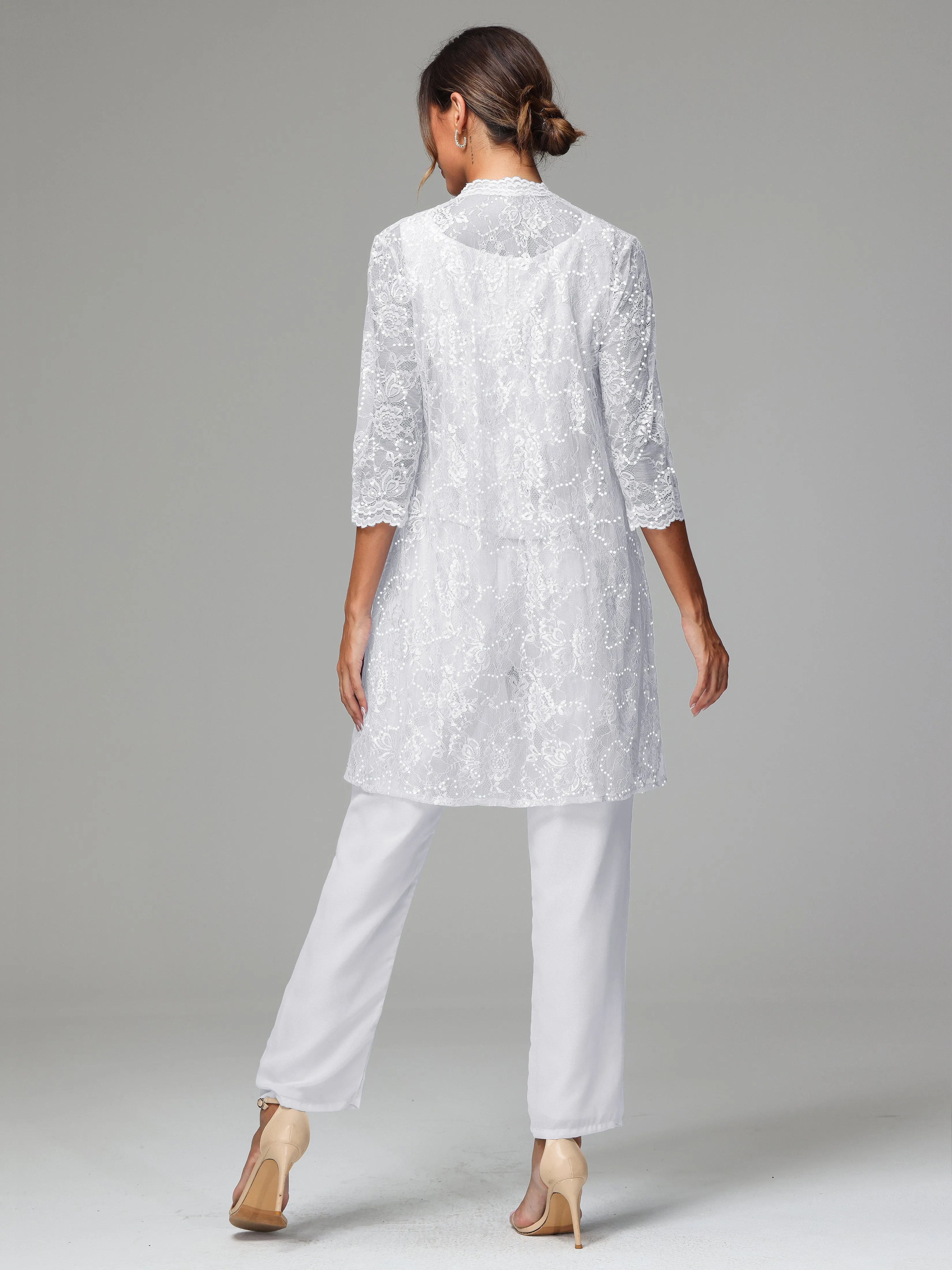 Chic Chiffon Lace 3 Pieces Long Sleeves Mother Of The Bride Dress Pants Suits