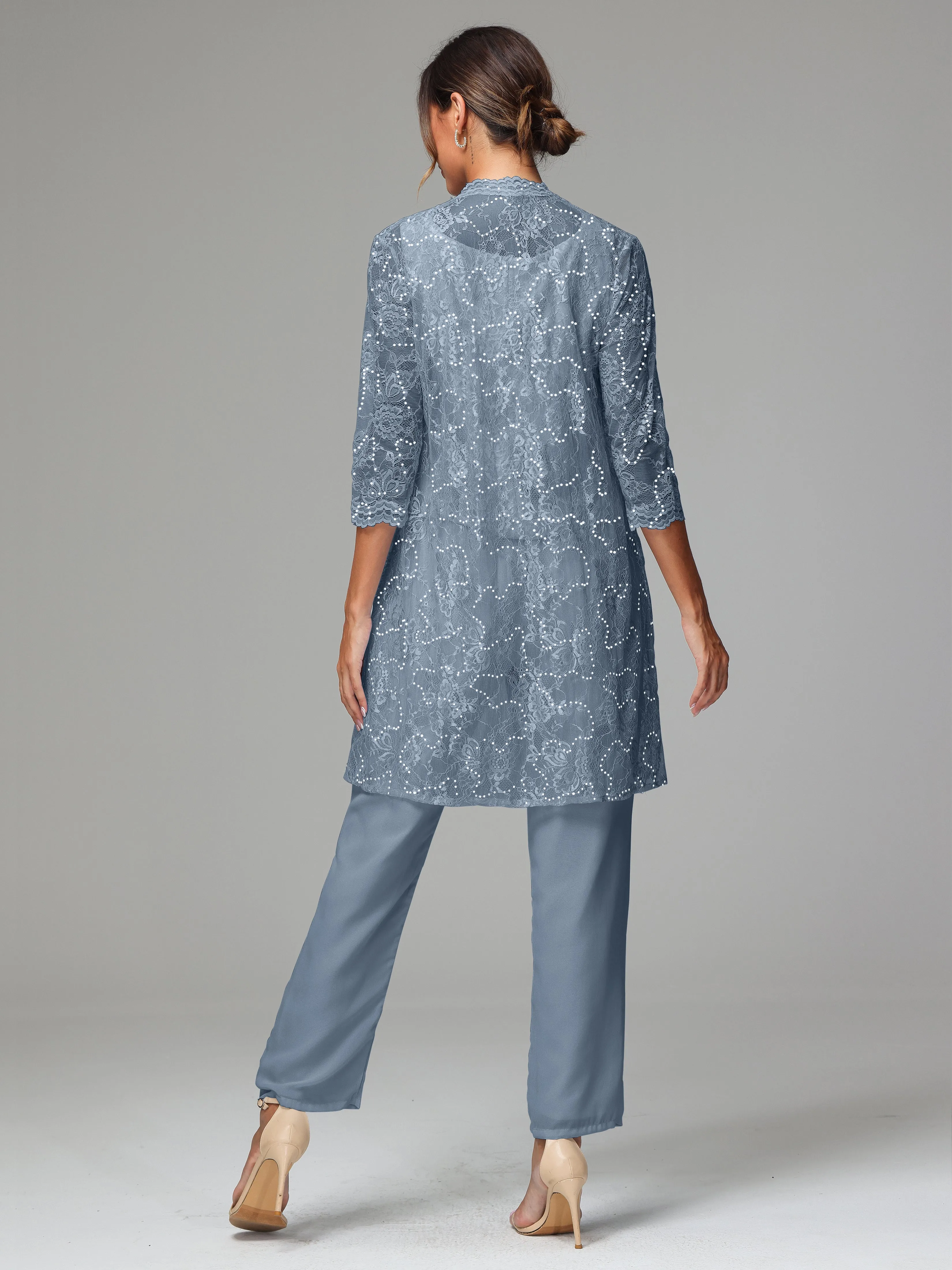 Chic Chiffon Lace 3 Pieces Long Sleeves Mother Of The Bride Dress Pants Suits