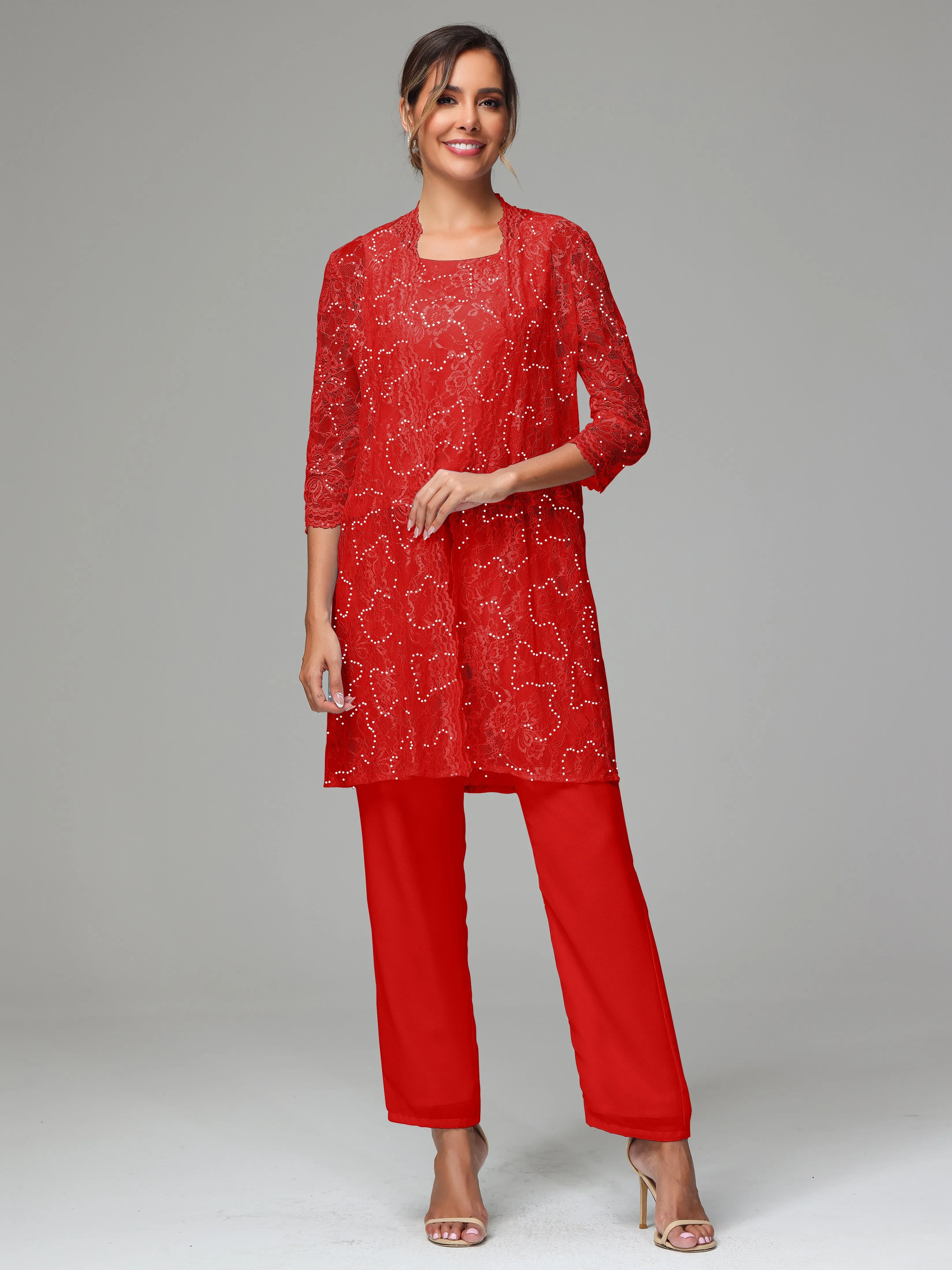 Chic Chiffon Lace 3 Pieces Long Sleeves Mother Of The Bride Dress Pants Suits