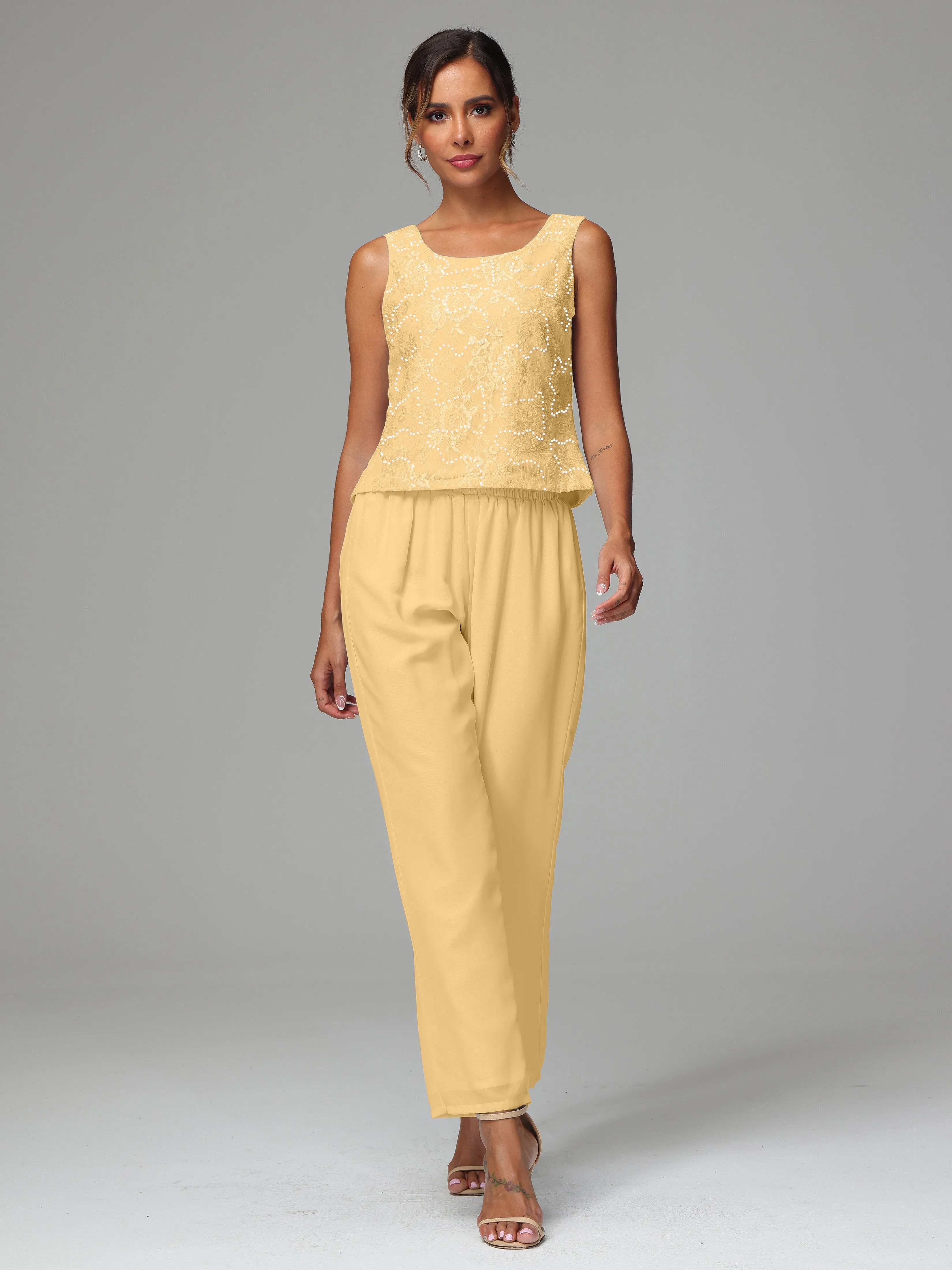Chic Chiffon Lace 3 Pieces Long Sleeves Mother Of The Bride Dress Pants Suits