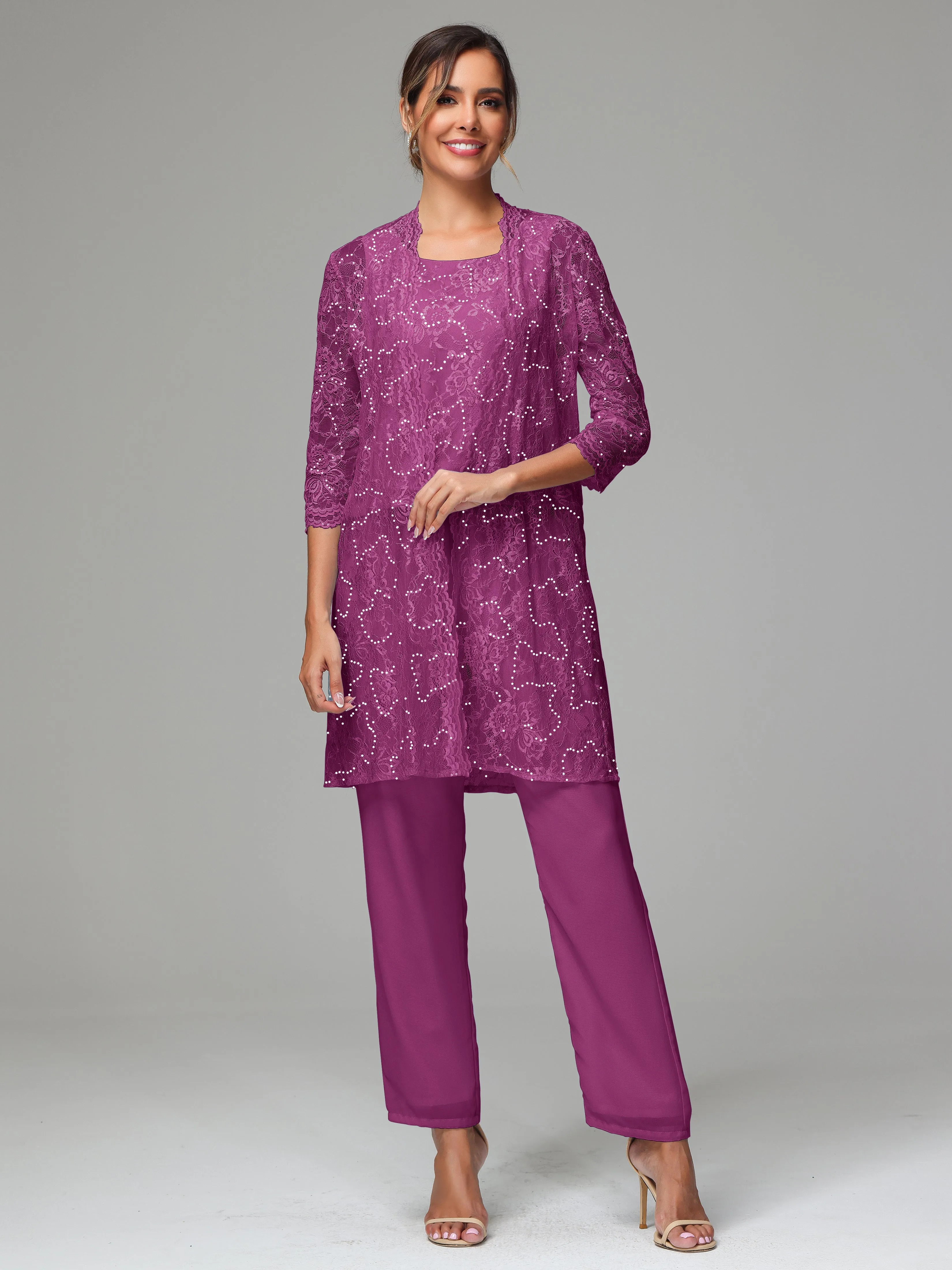 Chic Chiffon Lace 3 Pieces Long Sleeves Mother Of The Bride Dress Pants Suits