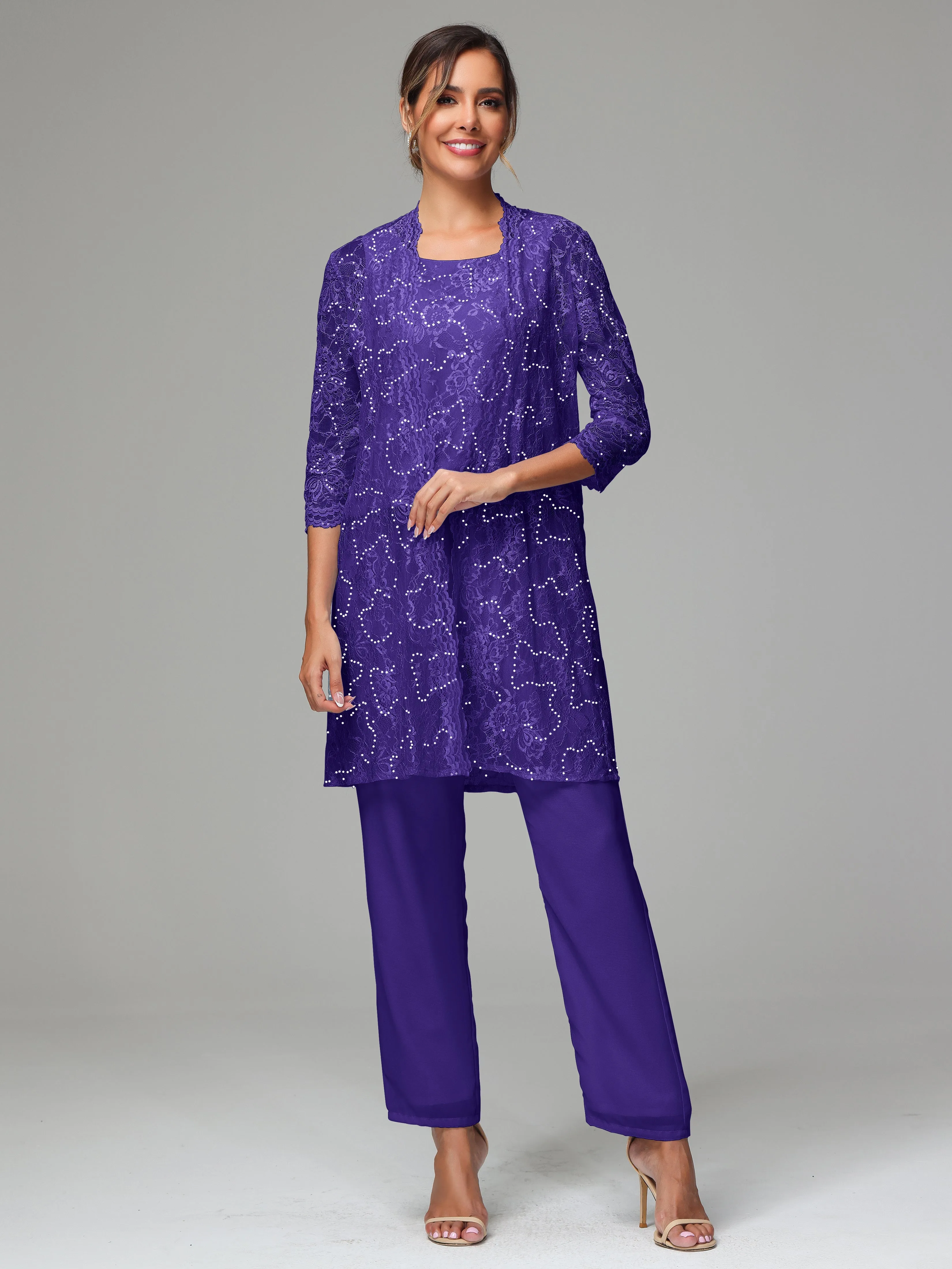 Chic Chiffon Lace 3 Pieces Long Sleeves Mother Of The Bride Dress Pants Suits