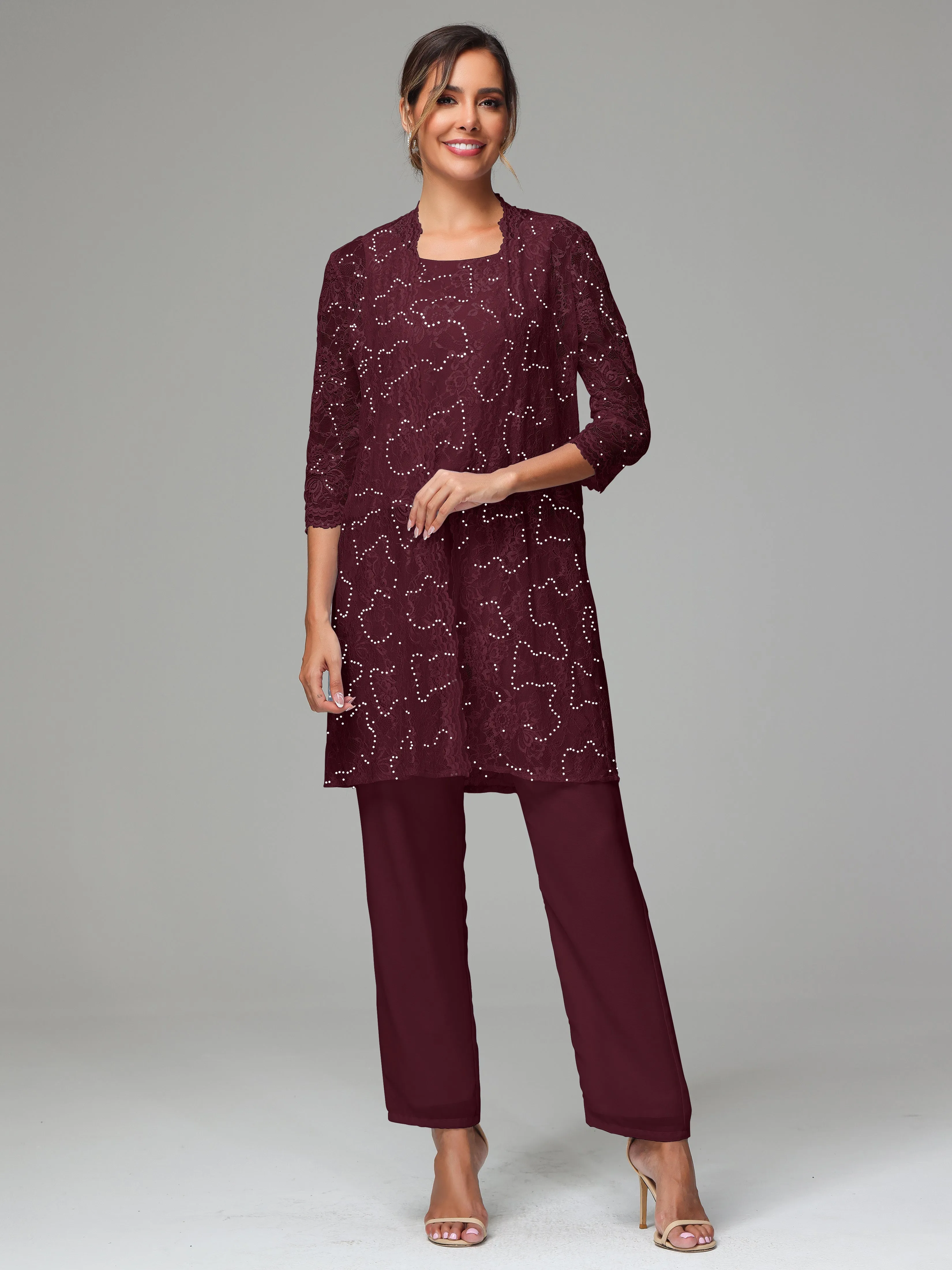 Chic Chiffon Lace 3 Pieces Long Sleeves Mother Of The Bride Dress Pants Suits