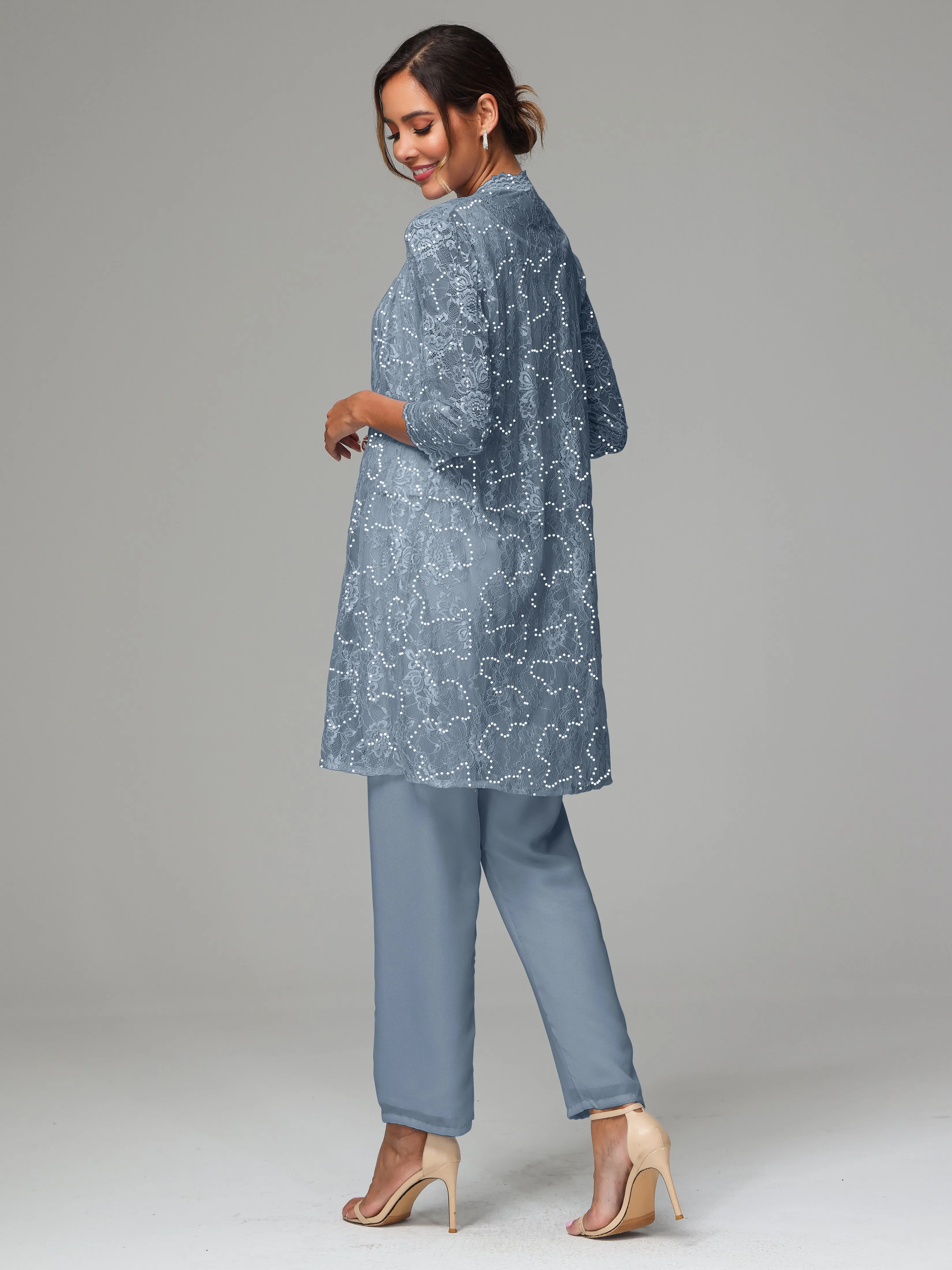 Chic Chiffon Lace 3 Pieces Long Sleeves Mother Of The Bride Dress Pants Suits