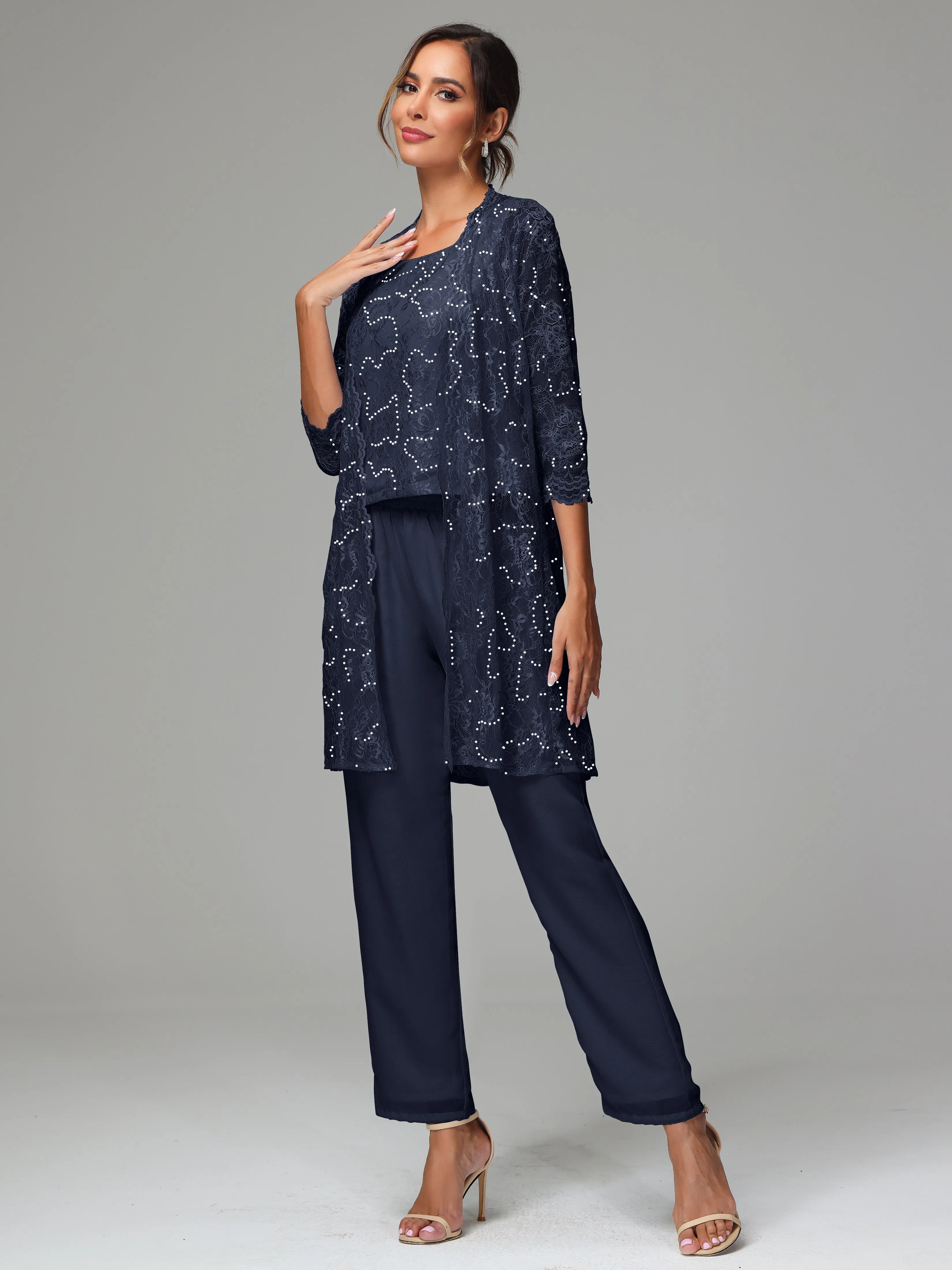 Chic Chiffon Lace 3 Pieces Long Sleeves Mother Of The Bride Dress Pants Suits