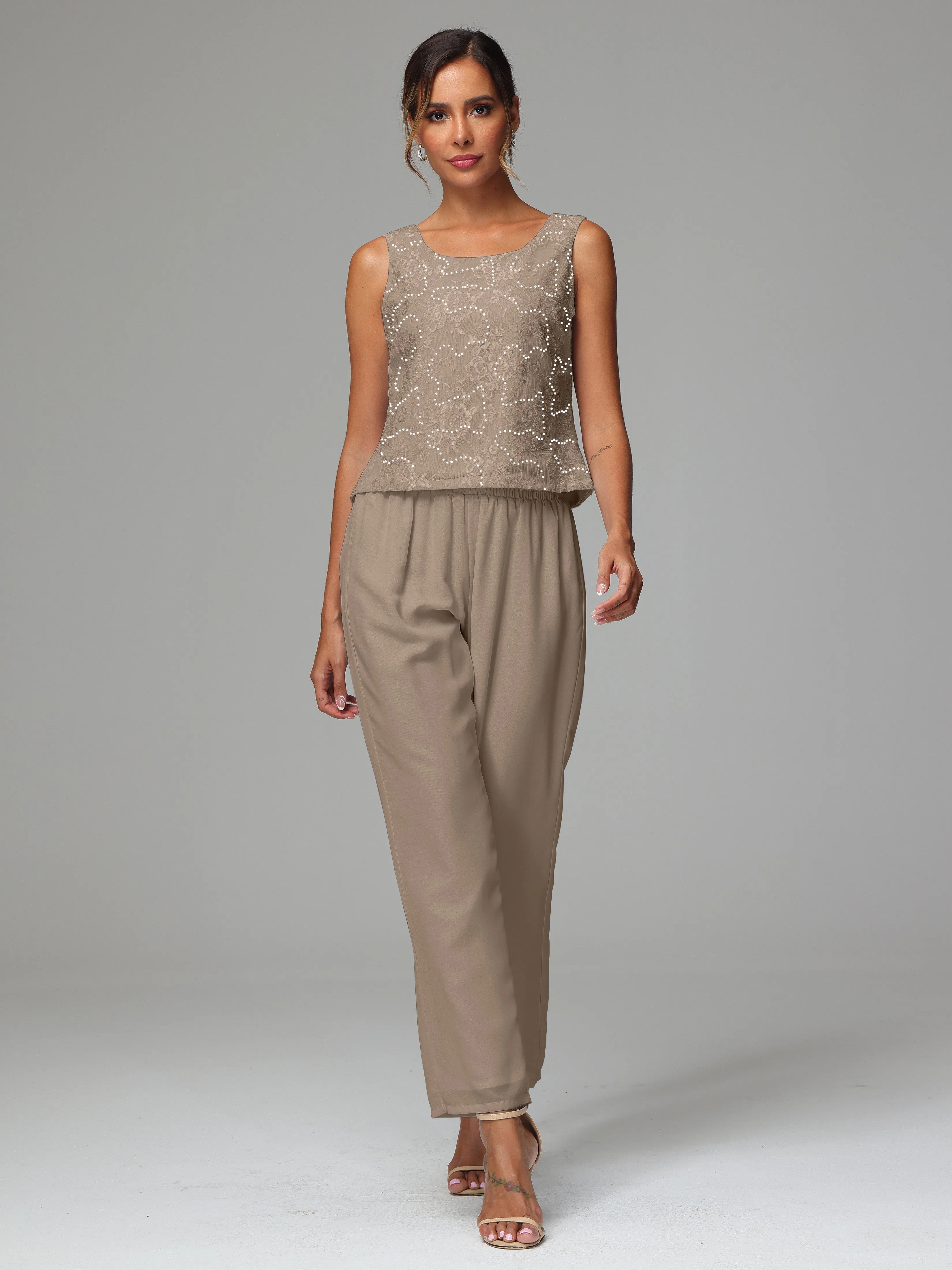 Chic Chiffon Lace 3 Pieces Long Sleeves Mother Of The Bride Dress Pants Suits