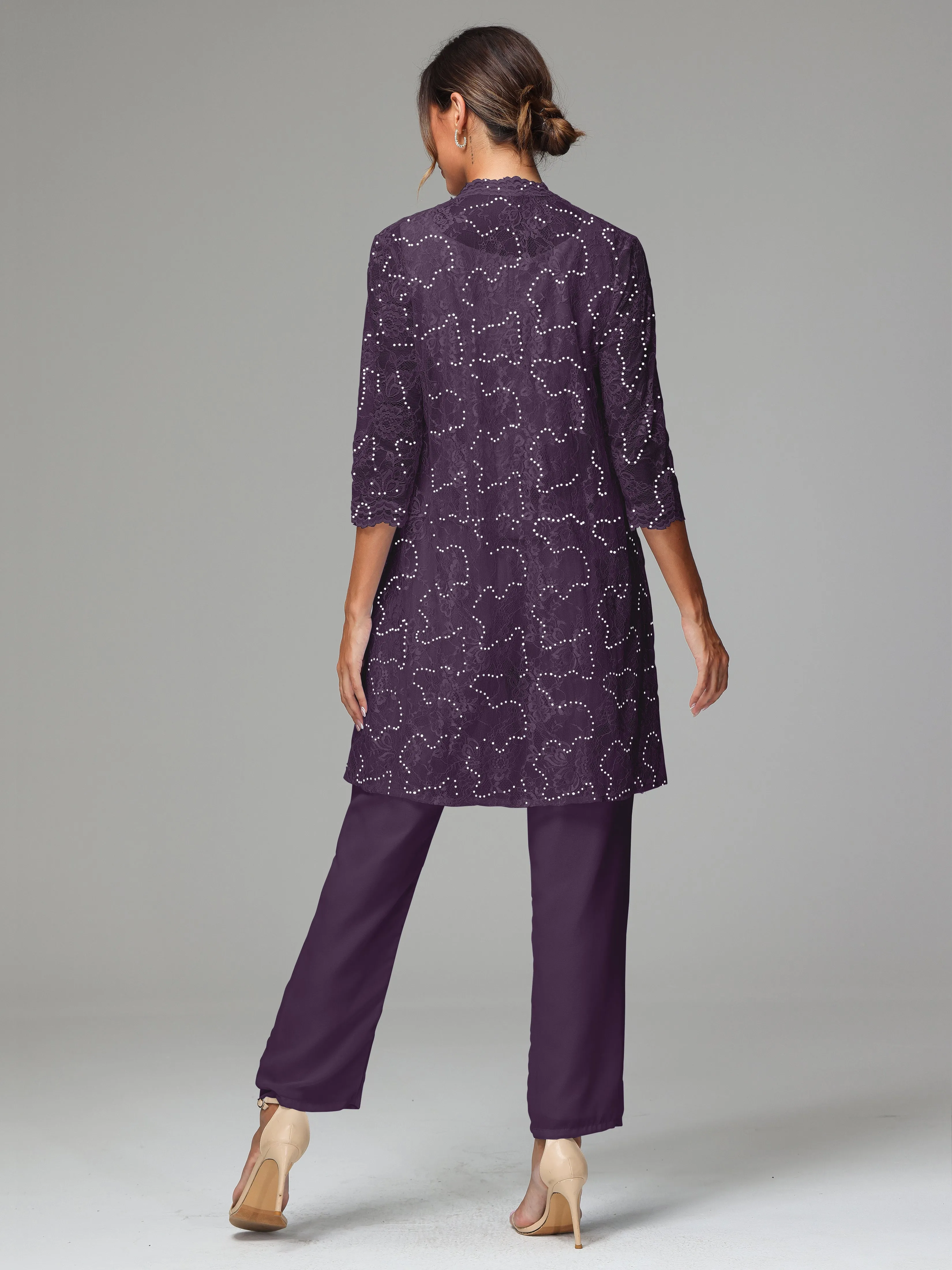 Chic Chiffon Lace 3 Pieces Long Sleeves Mother Of The Bride Dress Pants Suits