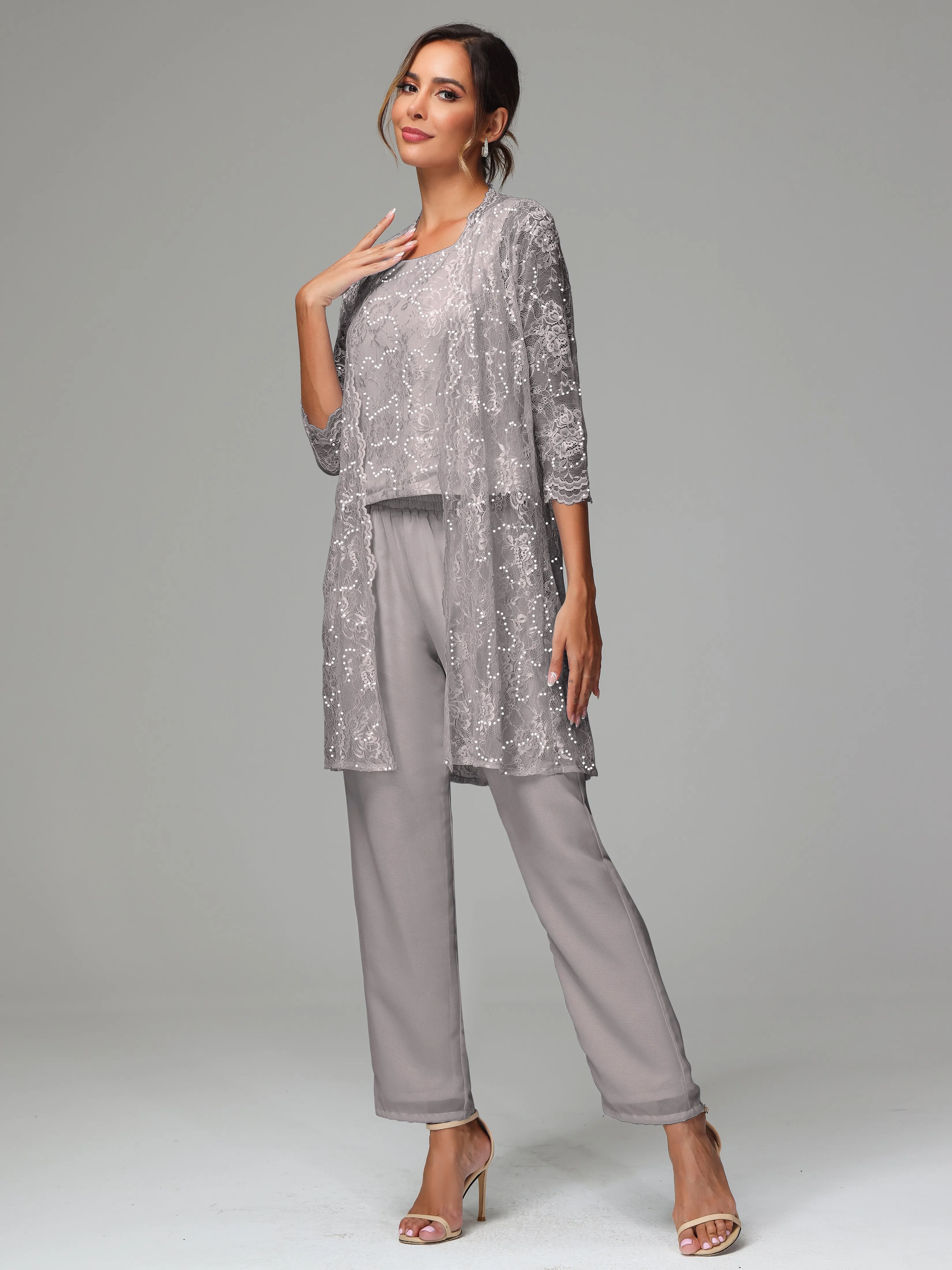Chic Chiffon Lace 3 Pieces Long Sleeves Mother Of The Bride Dress Pants Suits