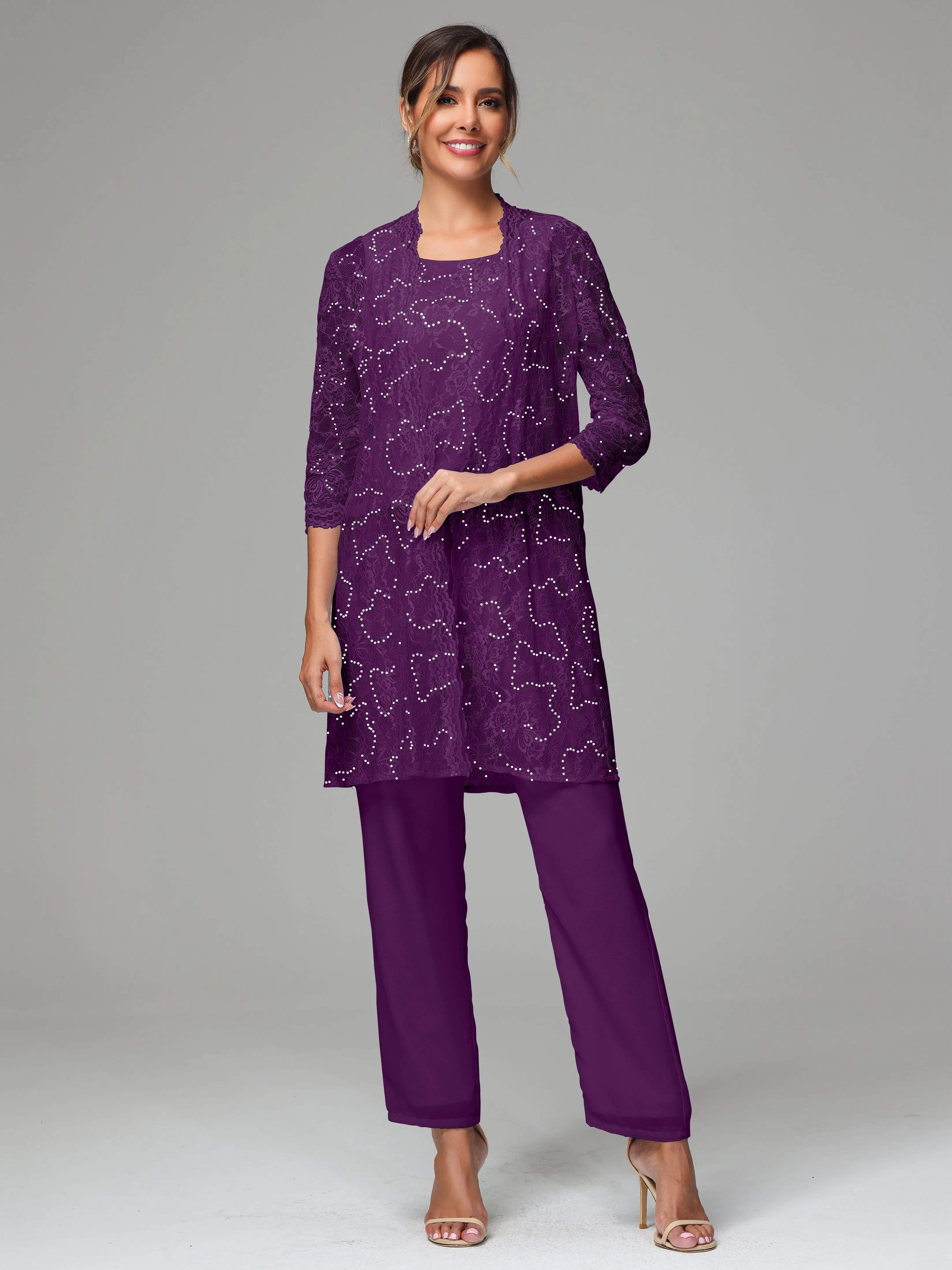 Chic Chiffon Lace 3 Pieces Long Sleeves Mother Of The Bride Dress Pants Suits